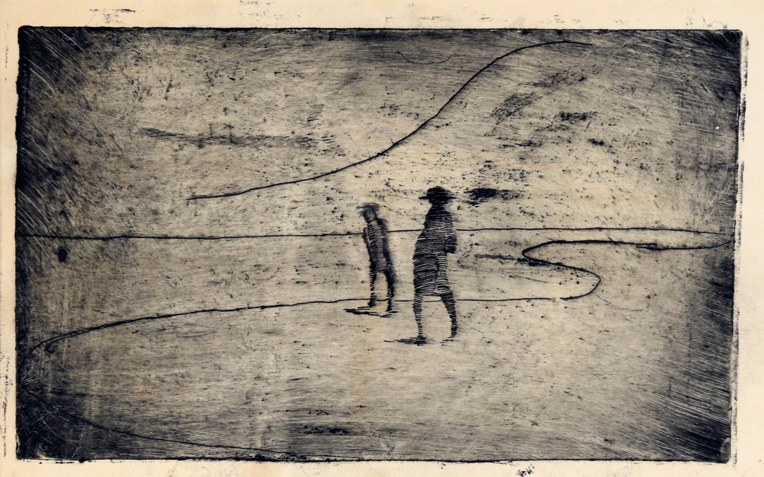 Minimalistische Landschaft mit zwei Figuren an der Shore – Kaltnadelradierung in Tinte auf Papier – Print von Doris Warner