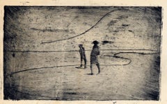 Minimalistische Landschaft mit zwei Figuren an der Shore – Kaltnadelradierung in Tinte auf Papier