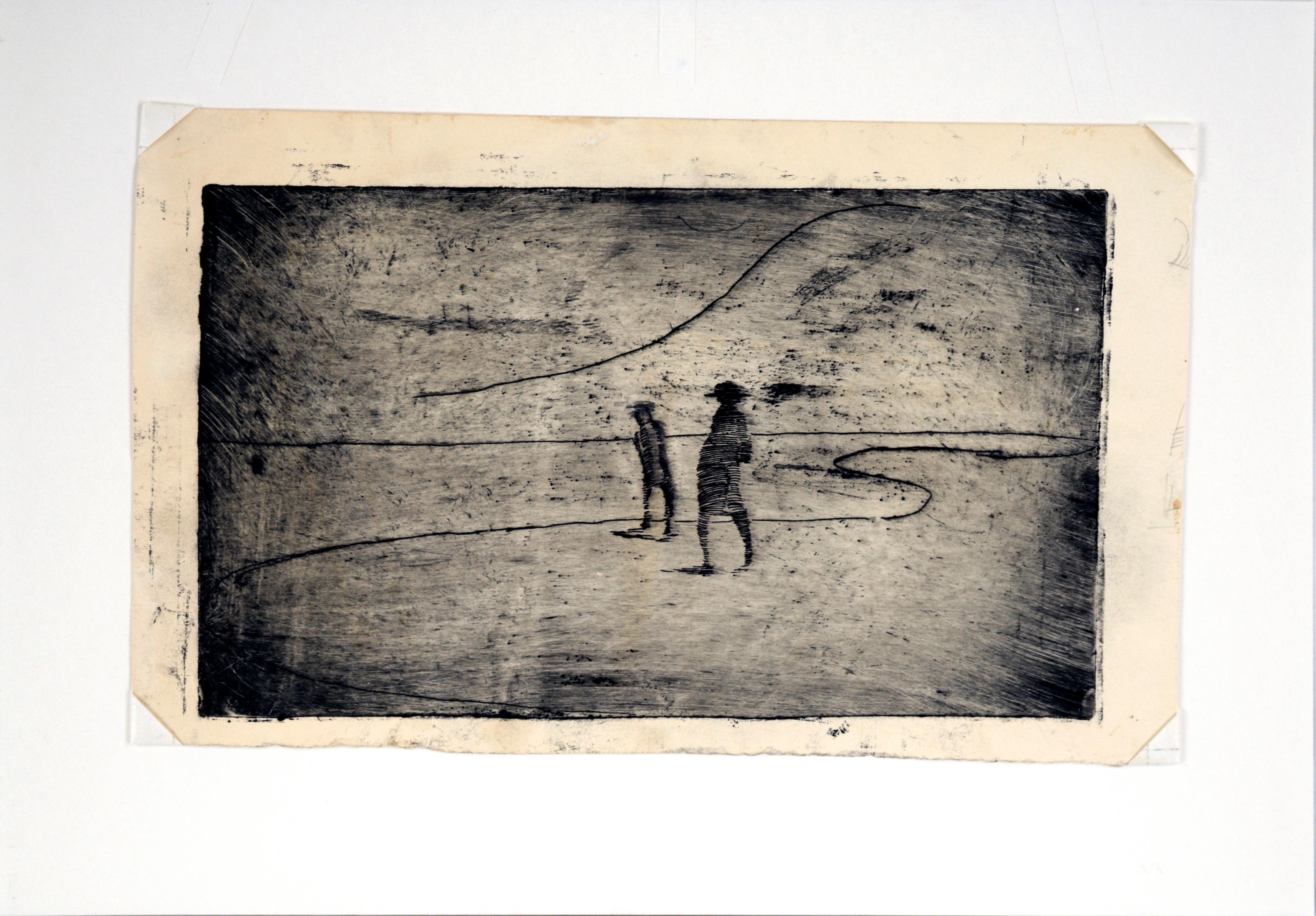 Two Figures on the Shore - Minimalist Landscape Drypoint Etching in Ink on Paper For Sale 1