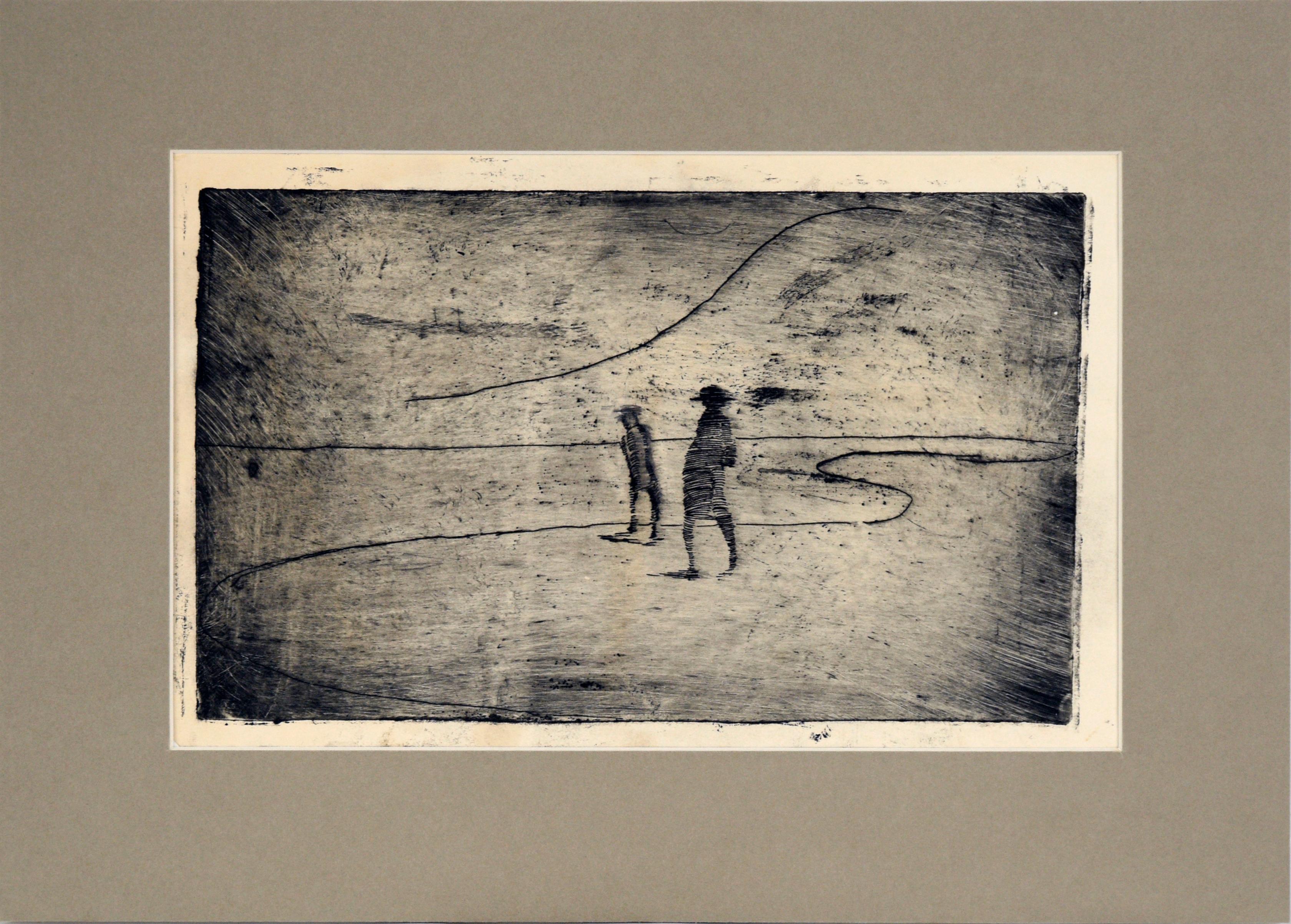 Doris Warner Landscape Print – Minimalistische Landschaft mit zwei Figuren an der Shore – Kaltnadelradierung in Tinte auf Papier