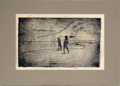 Two Figures on the Shore - Minimalist Landscape Drypoint Etching in Ink on Paper