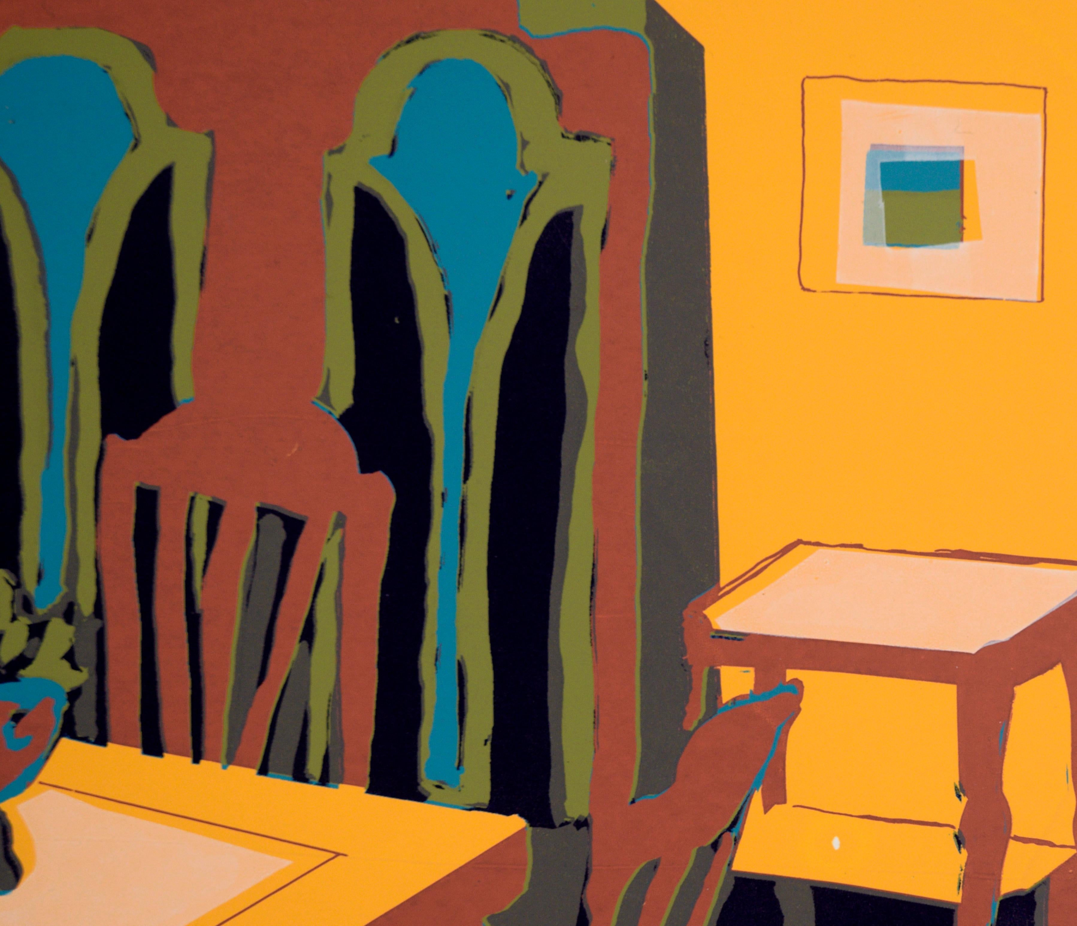 Yellow Dining Room Interior - Multi Layer Fauvist Screenprint on Archival Paper - Beige Landscape Print by Doris Warner