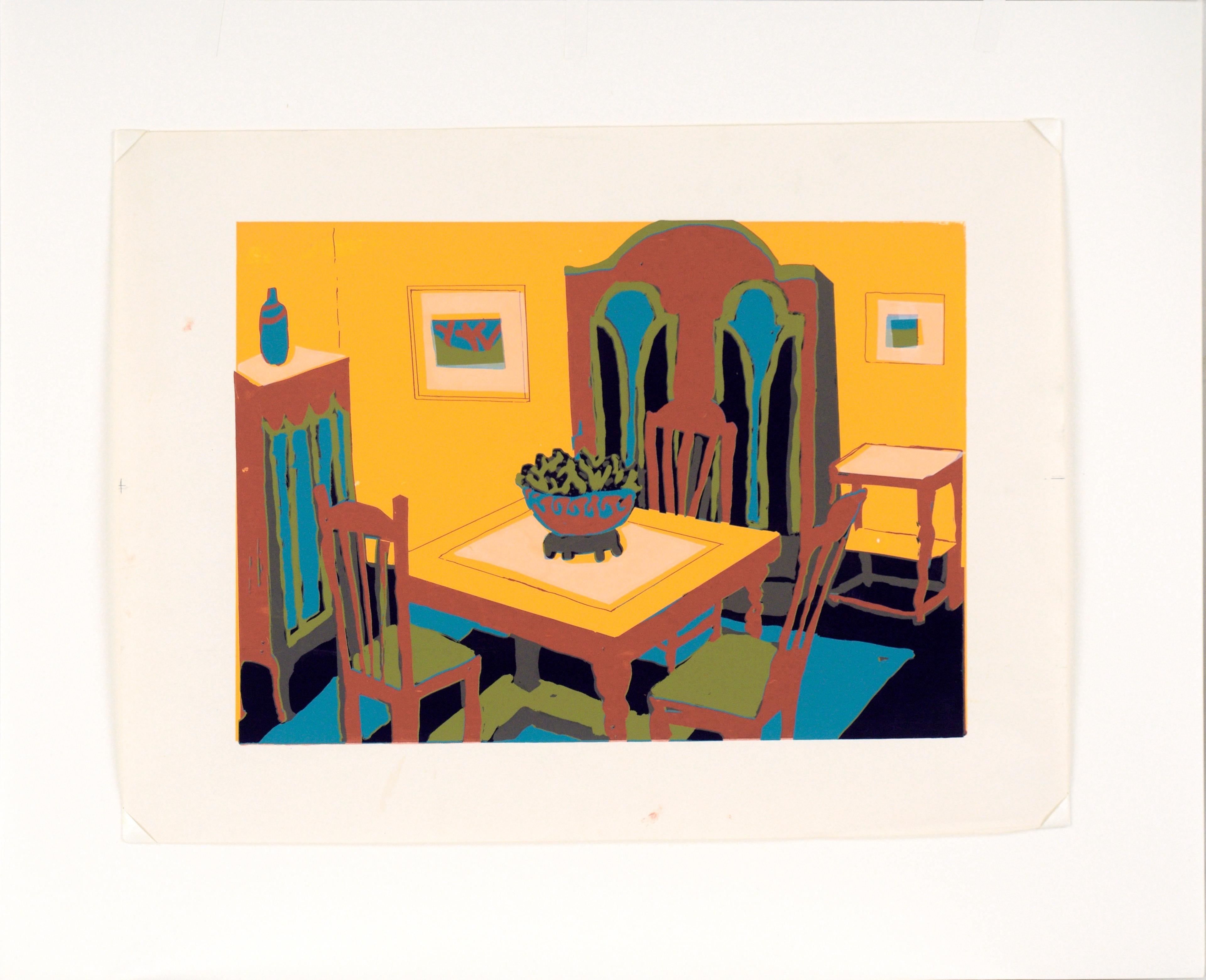 Bold and bright depiction of a dining room by Virginia J Hughins (Virginia Brubaker DeWolf) (American, 1923-2004). The scene is composed of chunky, rectilinear forms, creating an animated or cell-shaded appearance, with a minimalist