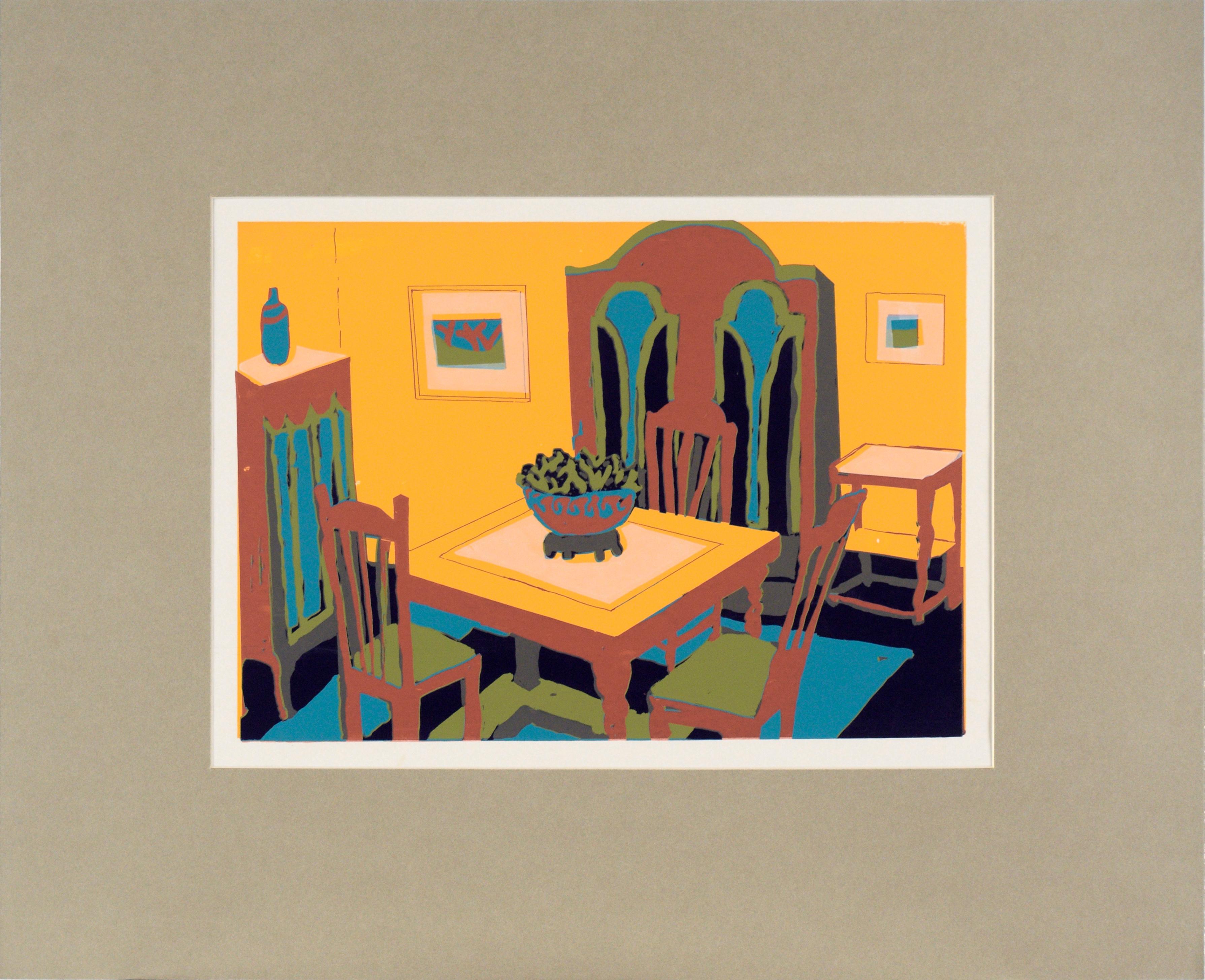 Doris Warner Landscape Print – Gelber Esszimmer-Interieur – Fauvismus-Raumteiler auf Archivpapier, mehrschichtig
