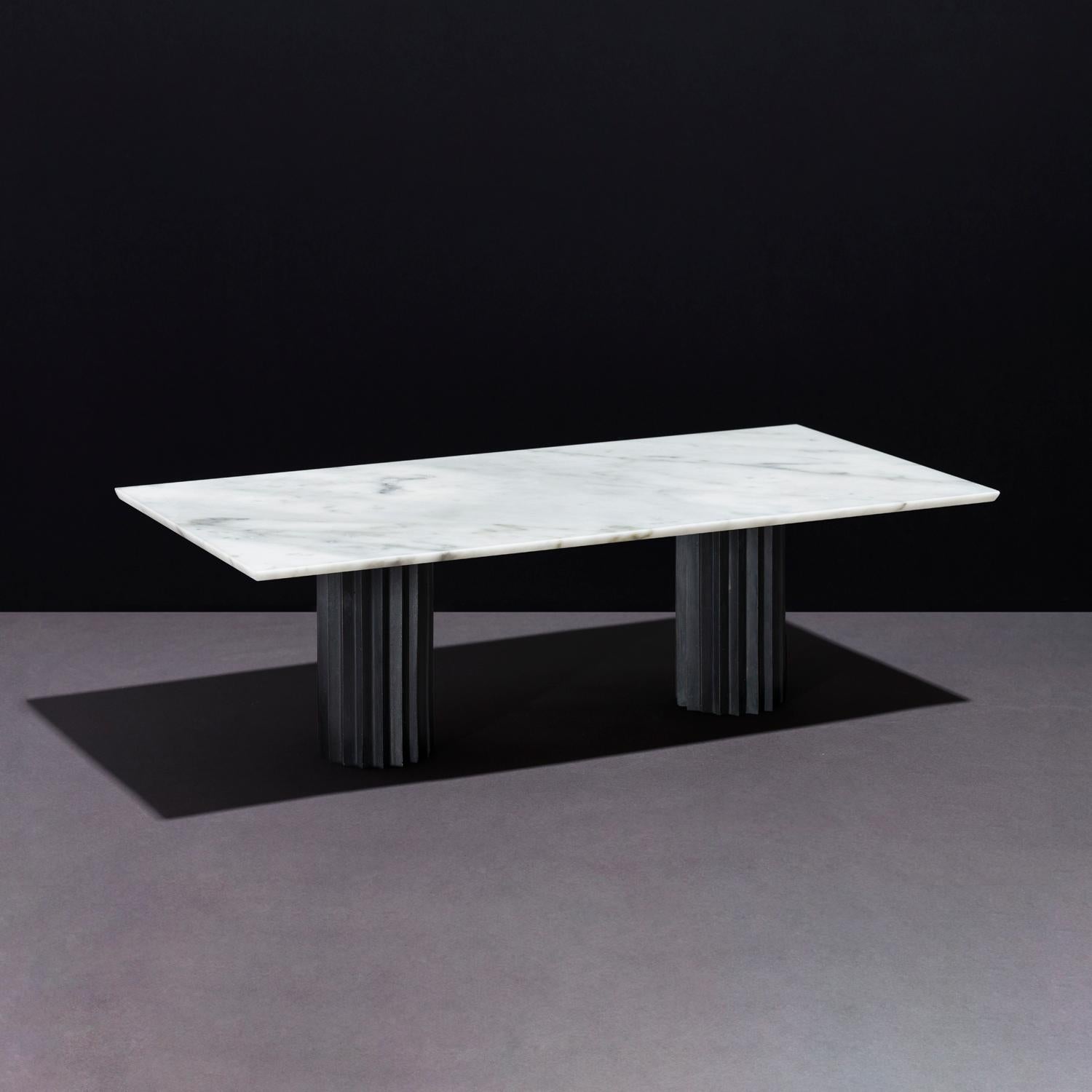 Doris White Carrara Marble Rectangular Dining Table by Fred and Juul
Dimensions: D 120 x W 240 x H 74 cm.
Materials: Black patinated bronze and white Carrara marble.

Available in round, oval and rectangular shapes. Also available in different