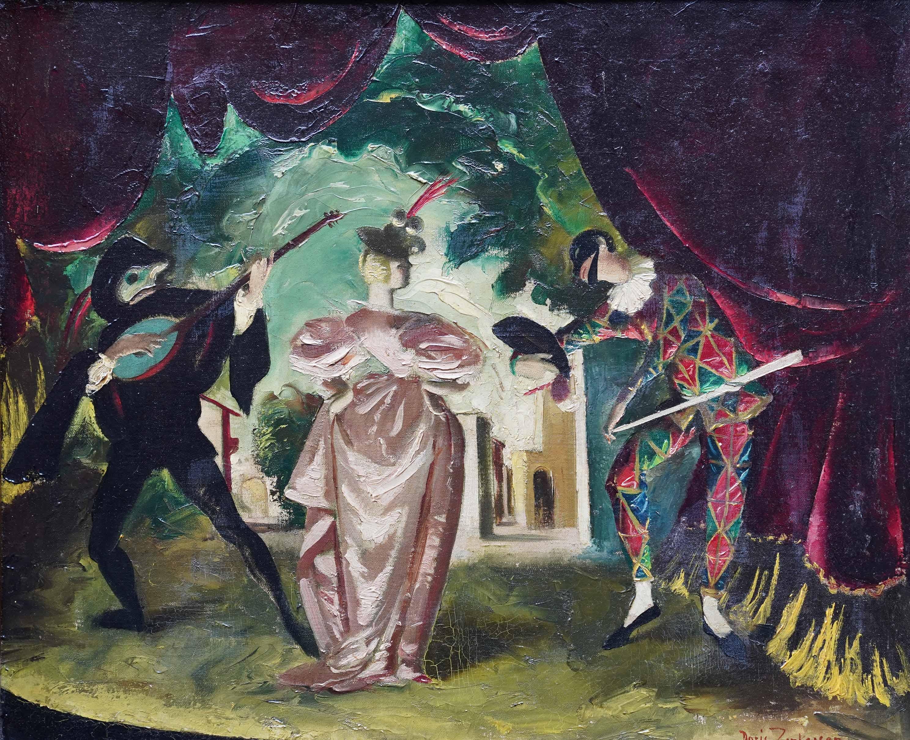 Harlequin and Pierrot - Scottish theatrical art oil painting female artist - Painting by Doris Zinkeisen