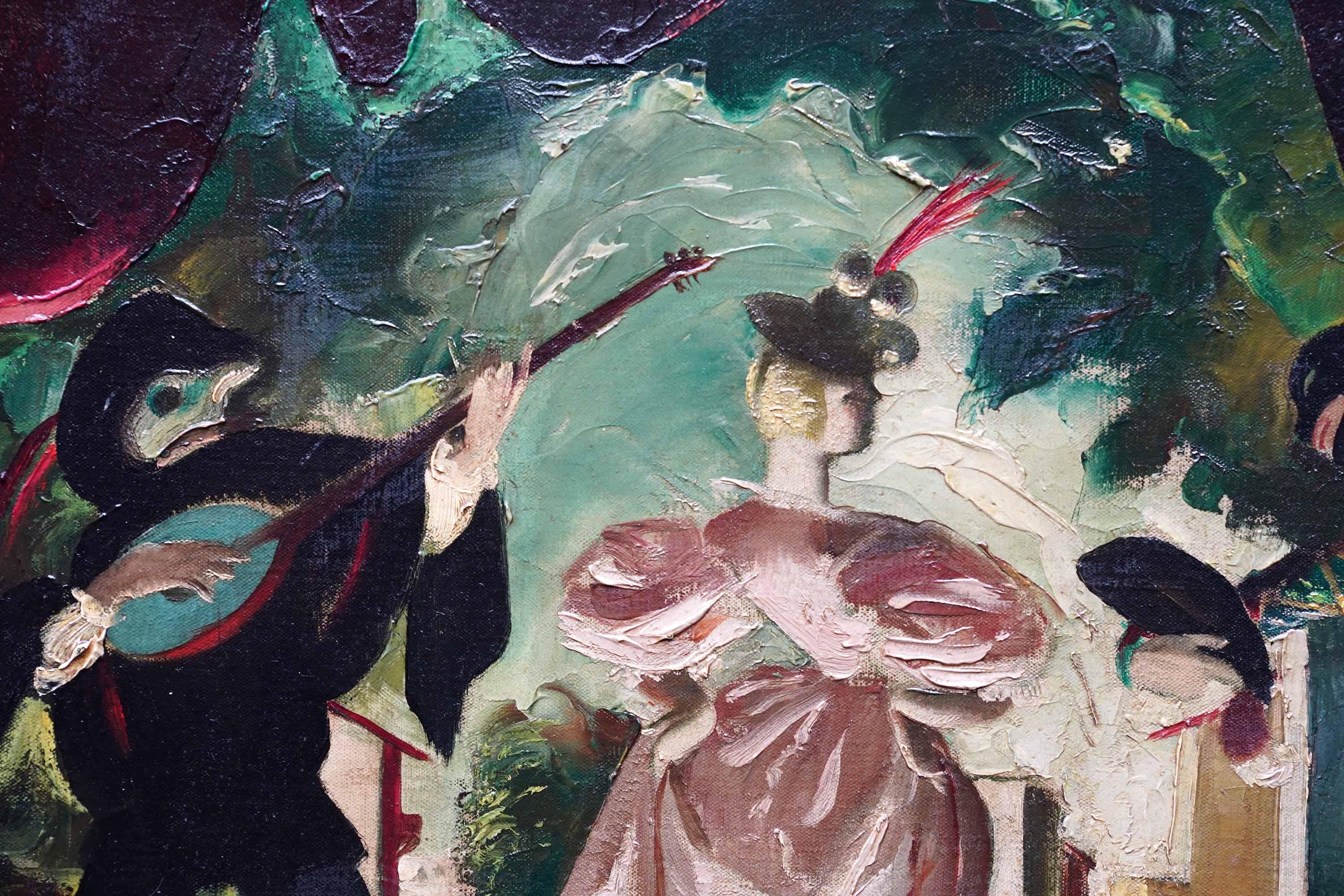 Harlequin and Pierrot - Scottish theatrical art oil painting female artist - Post-Impressionist Painting by Doris Zinkeisen