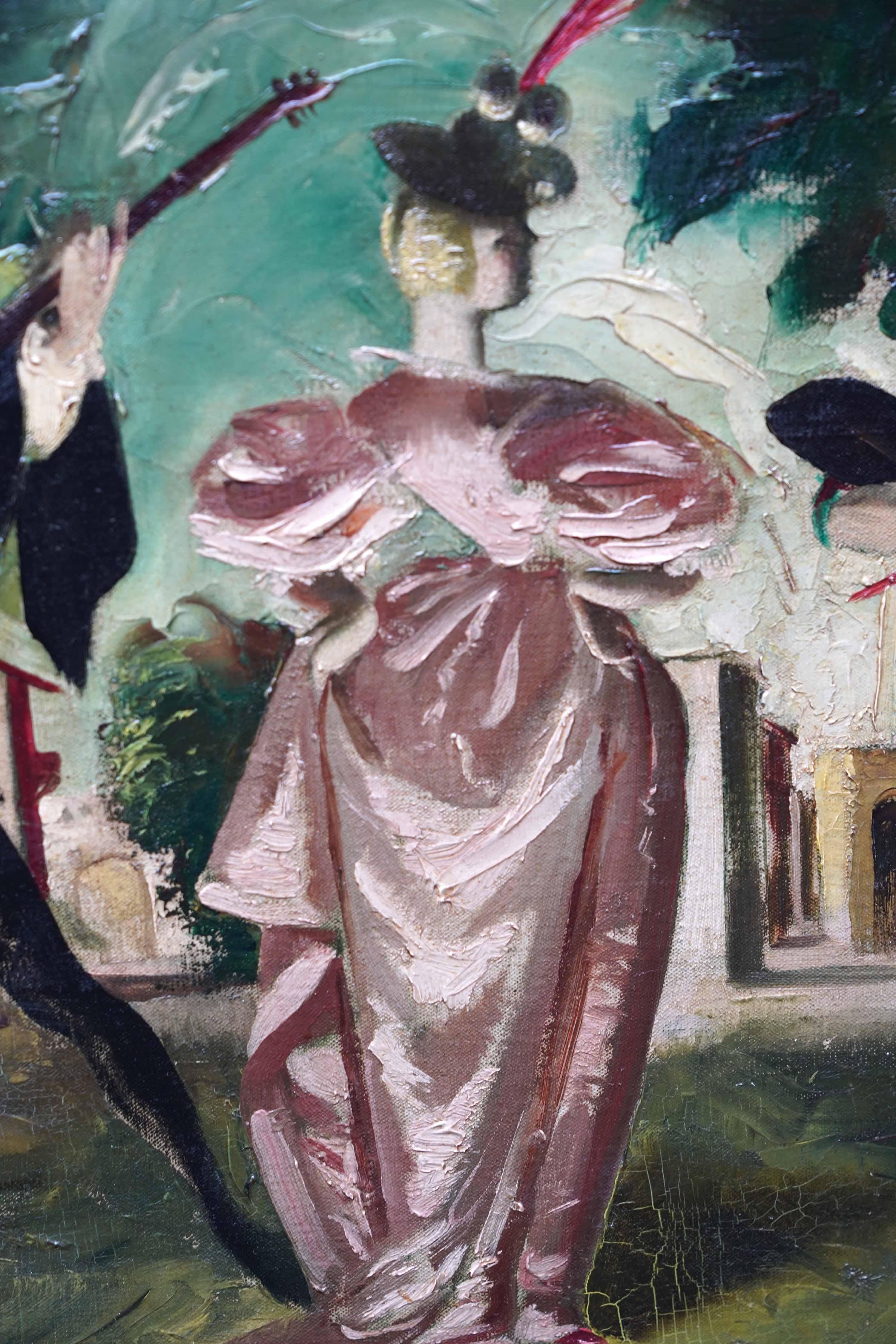 This superb Scottish theatrical oil painting is by noted female artist Doris Zinkeisen. Painted circa 1940 the setting is a theatrical scene with a lady in a peach dress with her back to the audience, a musician to her left and harlequin to her