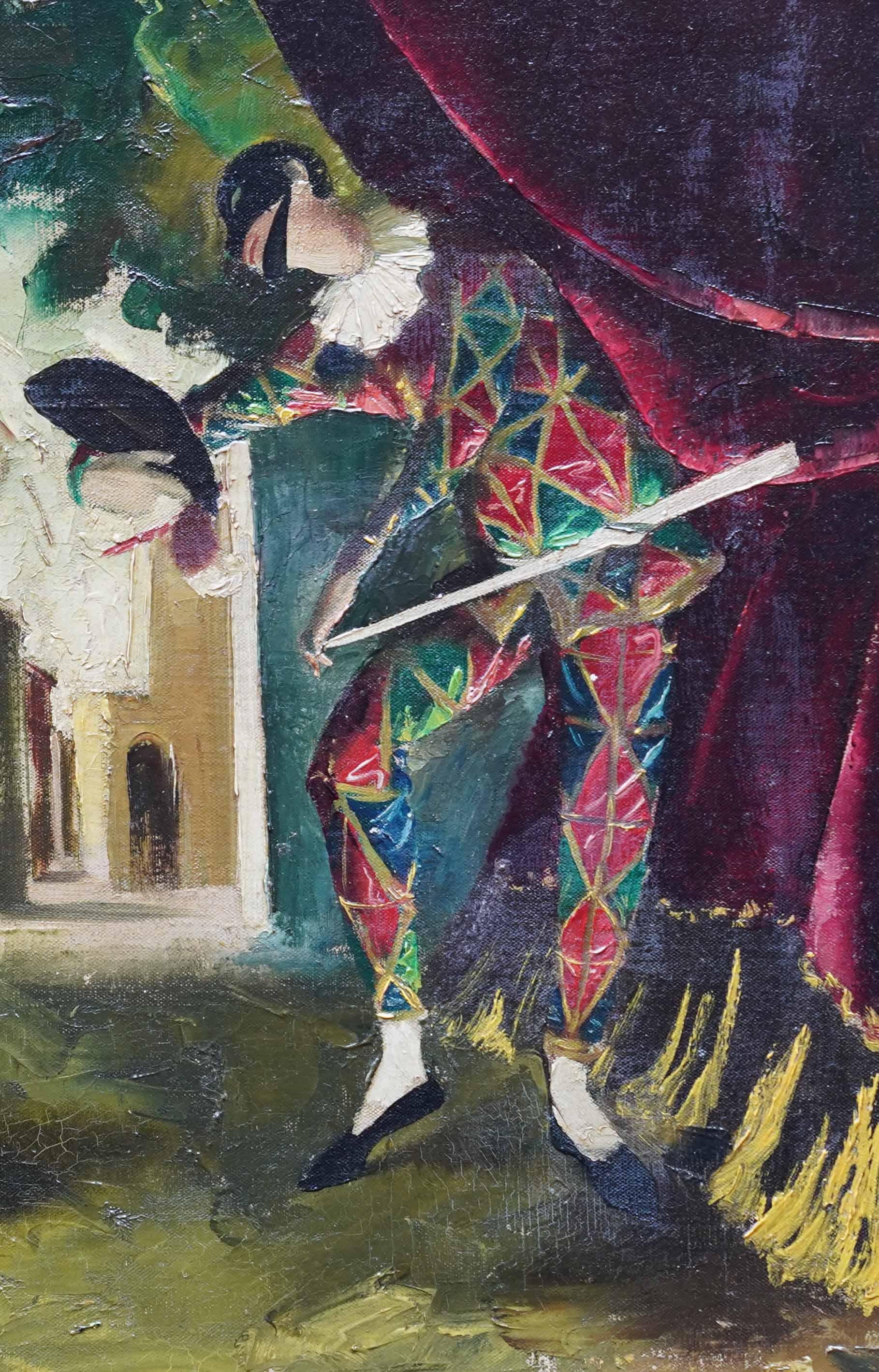Harlequin and Pierrot - Scottish theatrical art oil painting female artist For Sale 1