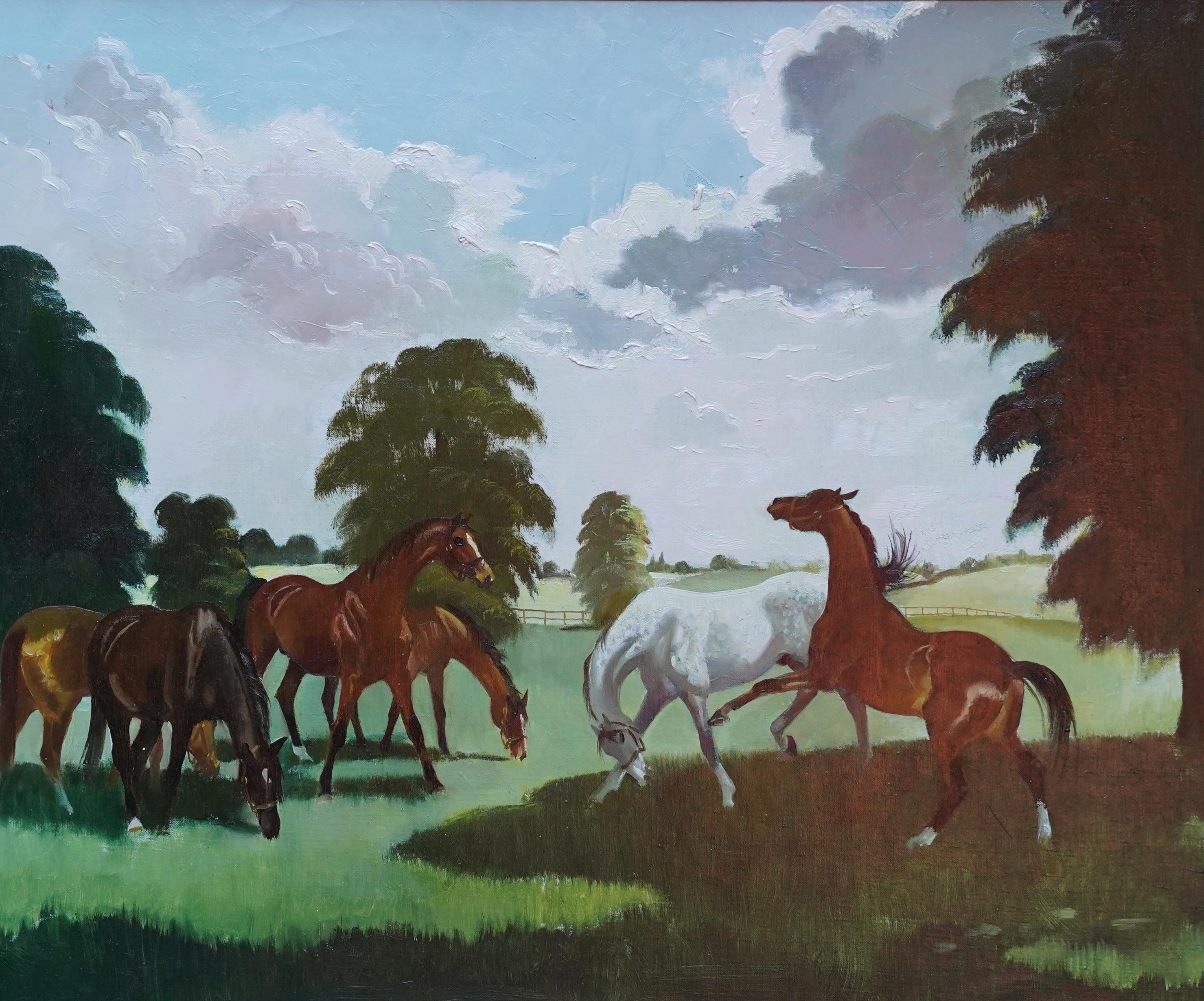 Caballos en un paisaje - Pintura al óleo de arte equino escocés de los años 60 artista femenina - Painting de Doris Zinkeisen