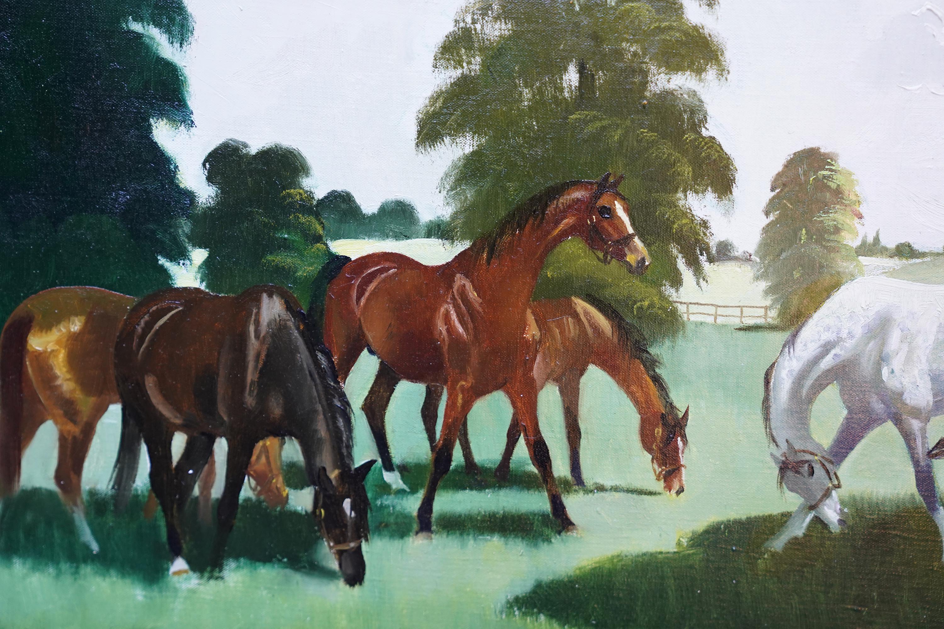 Dieses herrliche Ölgemälde mit Pferden stammt von der schottischen Künstlerin Doris Zinkeisen. Um 1960 gemalt, zeigt die Komposition sechs Pferde in einer Landschaft. Die Pinselführung ist großartig, und es ist ein schönes, lebendiges Gemälde für