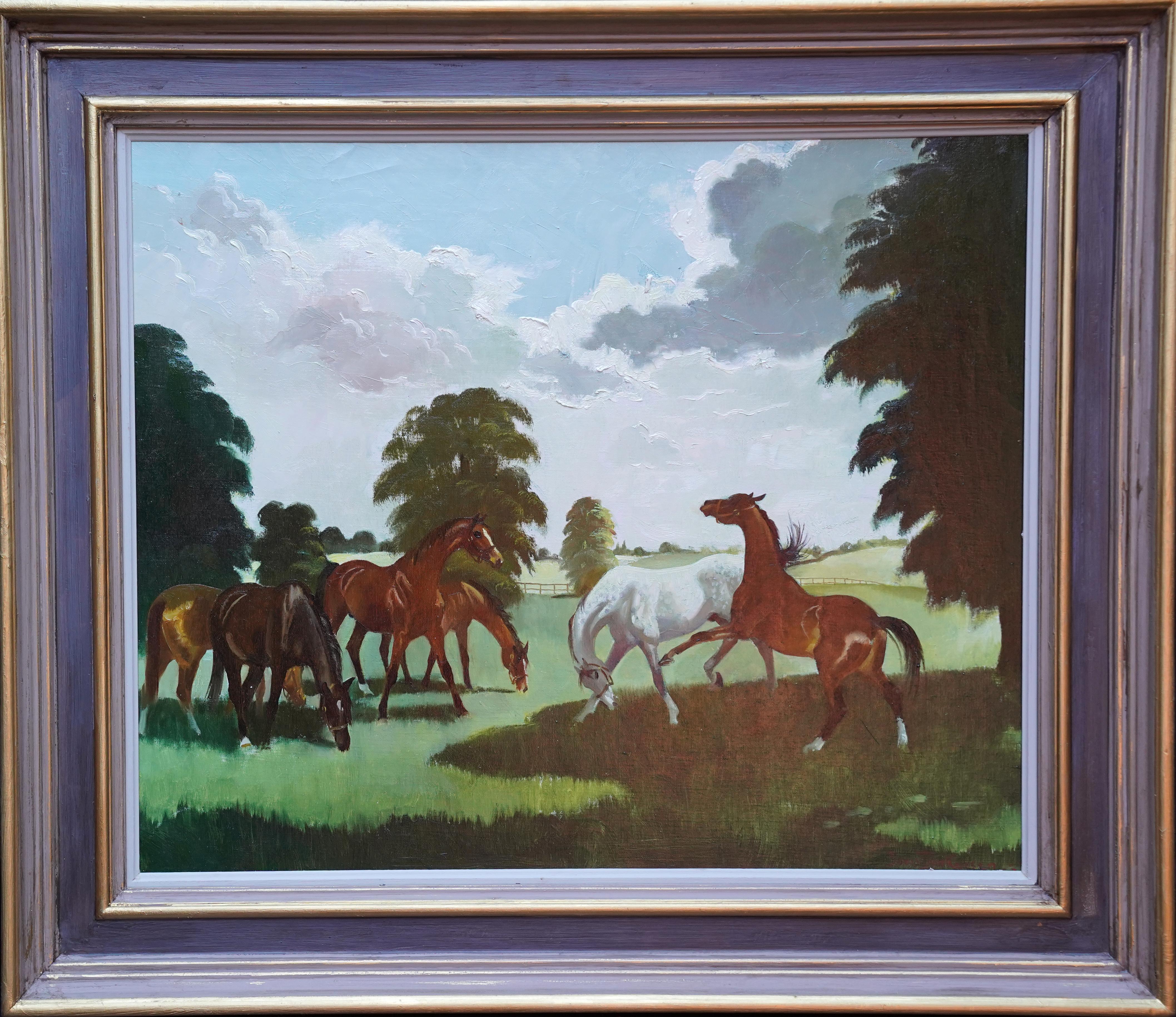 Horses in a Landscape - Scottish 1960's equine art oil painting female artist For Sale 2