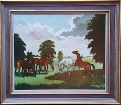 Horses in a Landscape - Scottish 1960's horse portrait oil painting equine art