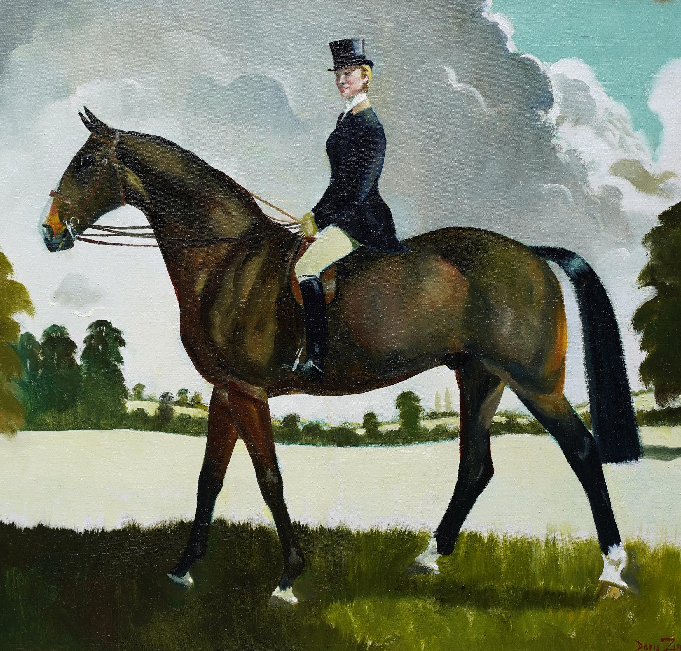 Miss Moggy Hennesey on her Hunter - Peinture à l'huile d'un portrait de cheval d'art écossais des années 60 - Réalisme Painting par Doris Zinkeisen