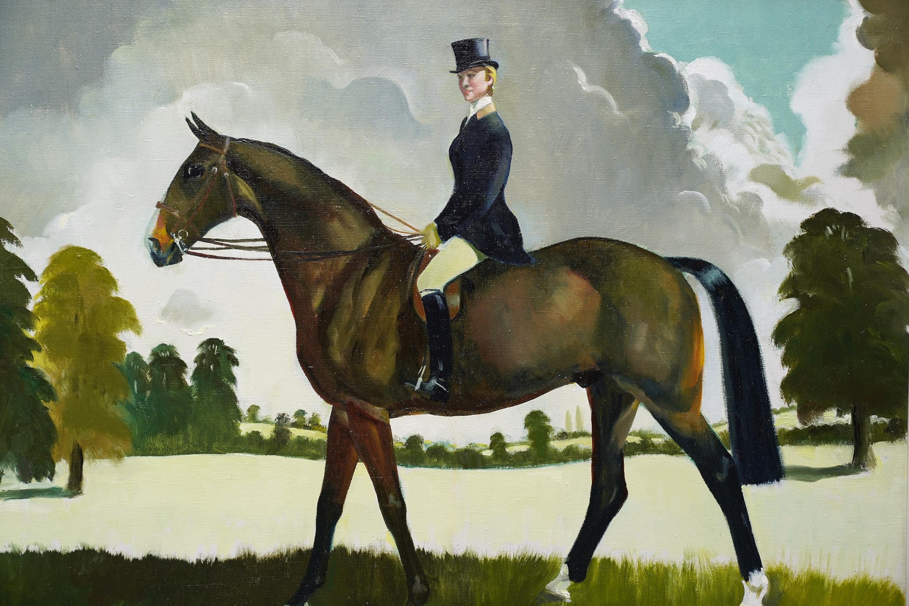 Ce superbe portrait de cheval avec cavalier est l'œuvre de Doris Zinkeisen, artiste équestre et cavalière écossaise passionnée. Peint vers 1960, le cavalier est Miss Margaret 