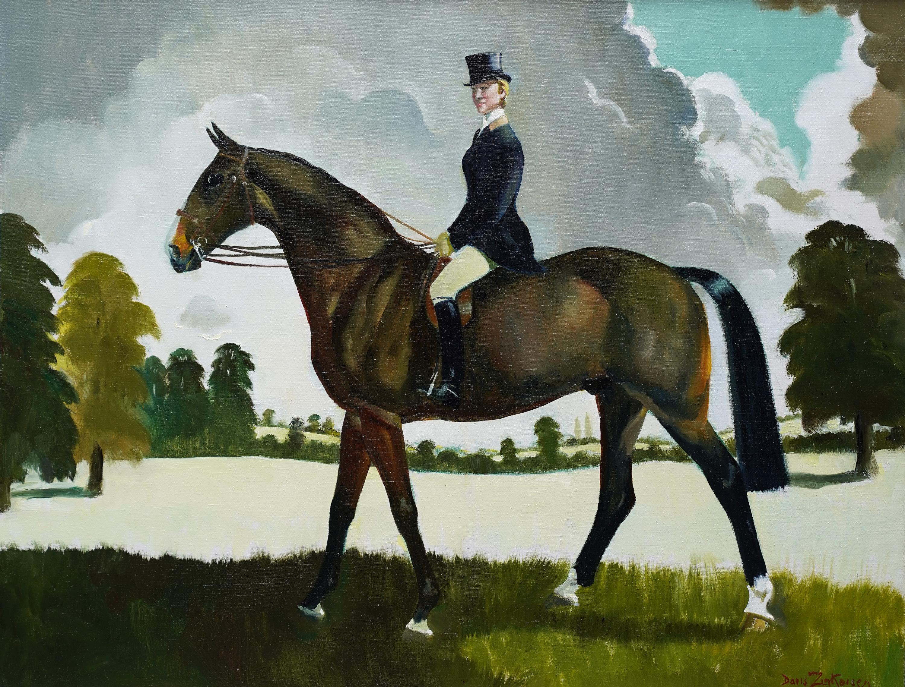 Miss Moggy Hennesey on her Hunter - Scottish 60s art horse portrait oil painting For Sale 2