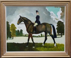 Miss Moggy Hennesey on her Hunter - Scottish 60s art horse portrait oil painting