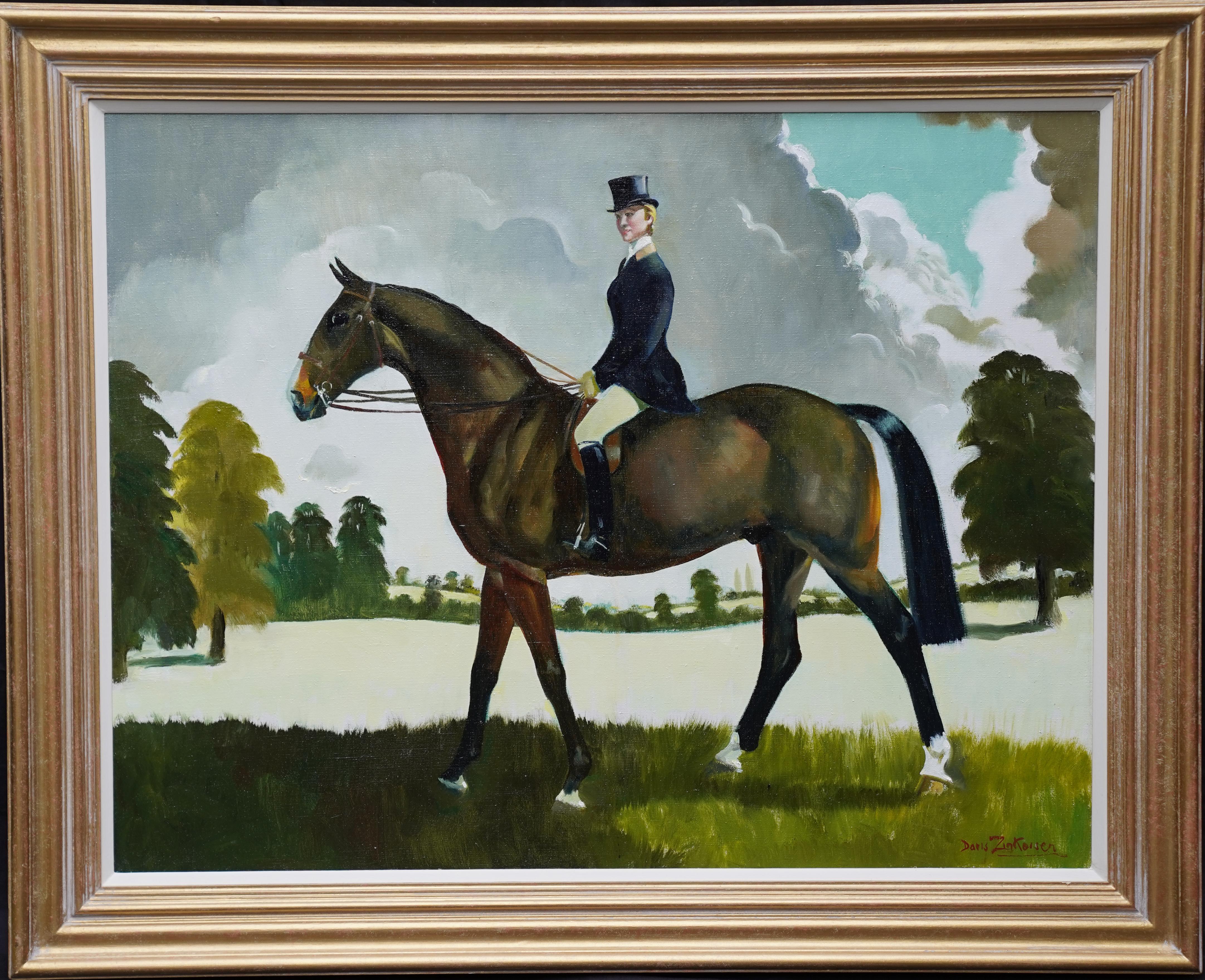 Doris Zinkeisen Animal Painting - Miss Moggy Hennesey on her Hunter - Scottish 60s art horse portrait oil painting
