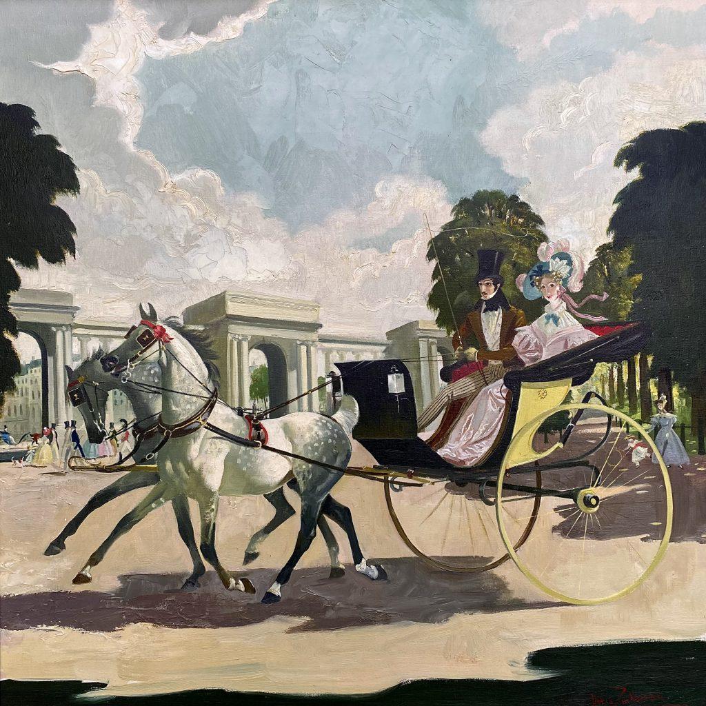 Doris Zinkeisen Landscape Painting – Morning Drive in Hyde Park, englisches Ölgemälde des 20. Jahrhunderts