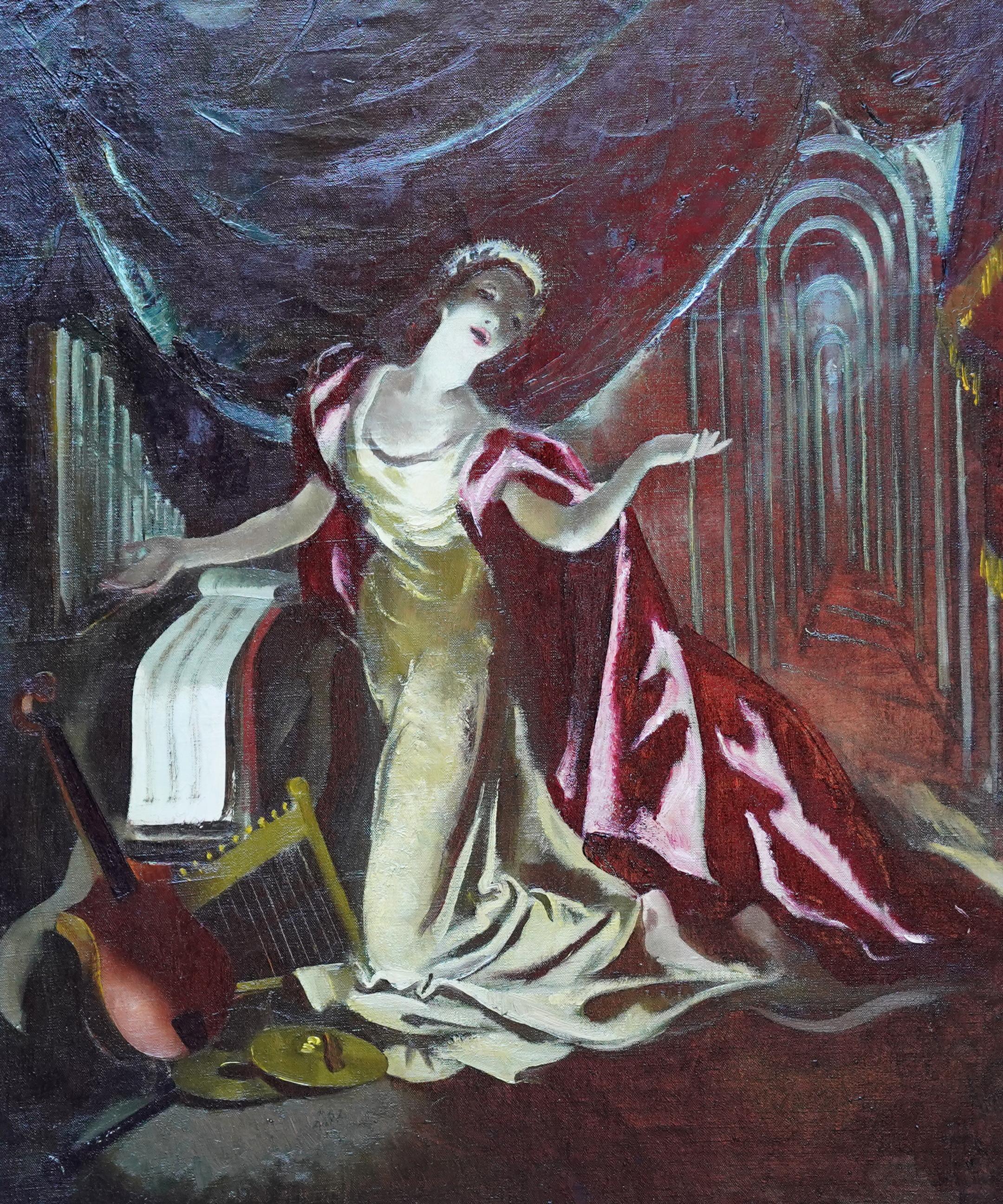 Portrait sur scène - Cape rouge - Peinture à l'huile d'un portrait théâtral écossais des années 60 - Painting de Doris Zinkeisen