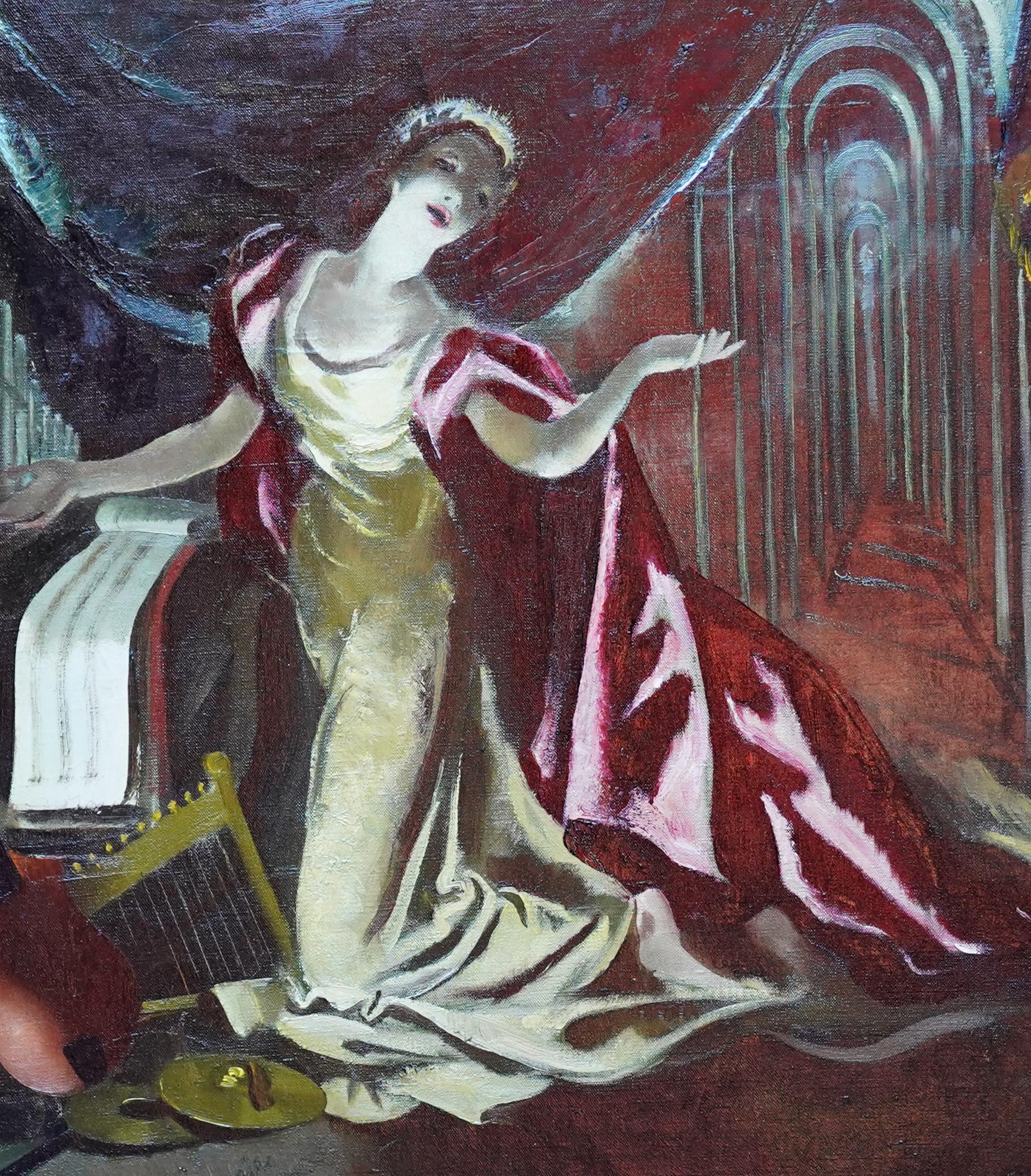 Porträt auf Bühne – Red Cape – schottisches Theaterporträt, Ölgemälde der 60er Jahre (Realismus), Painting, von Doris Zinkeisen