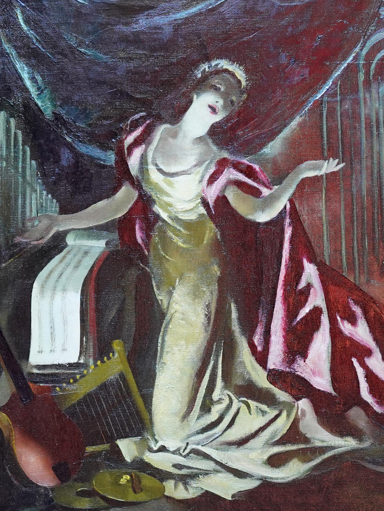 Ce superbe portrait théâtral écossais est une peinture à l'huile de l'artiste féminine Doris Zinkeisen. Peinte vers 1960, elle représente une femme vêtue d'une cape rouge sur scène avec des instruments à ses pieds. Son visage est éclairé et il y a