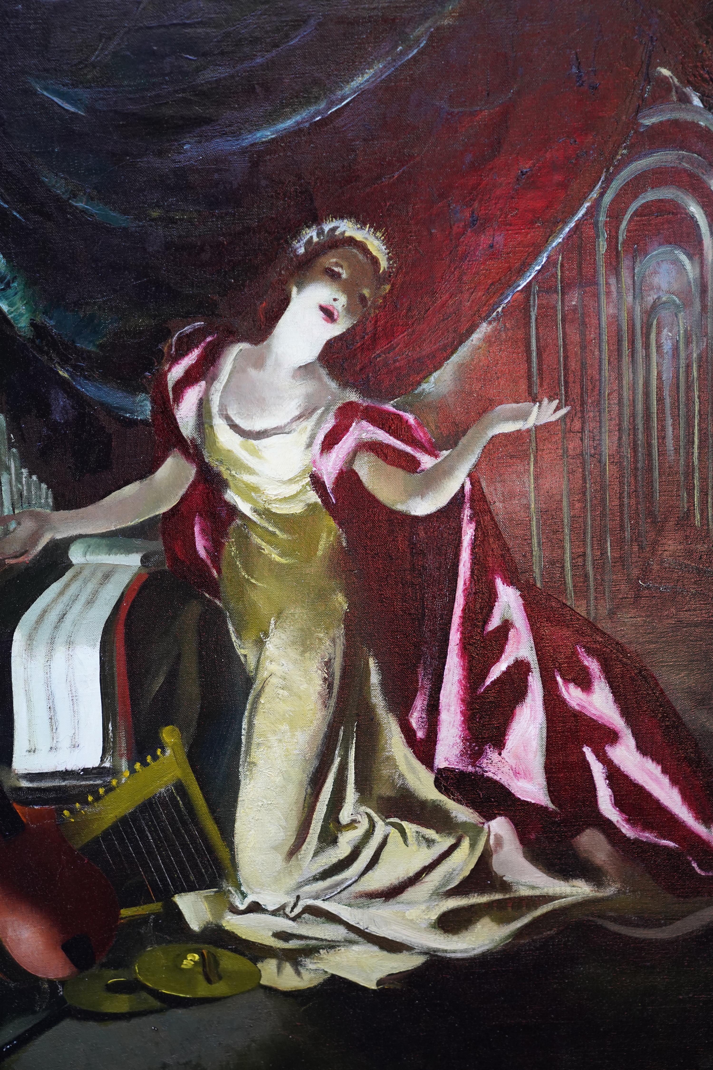 This stunning Scottish musical theatrical portrait oil painting is by female artist Doris Zinkeisen. Painted circa 1960 it is of a lady in a red cape on stage with instruments at her feet. Her face is illuminated and there is a rich curtain behind