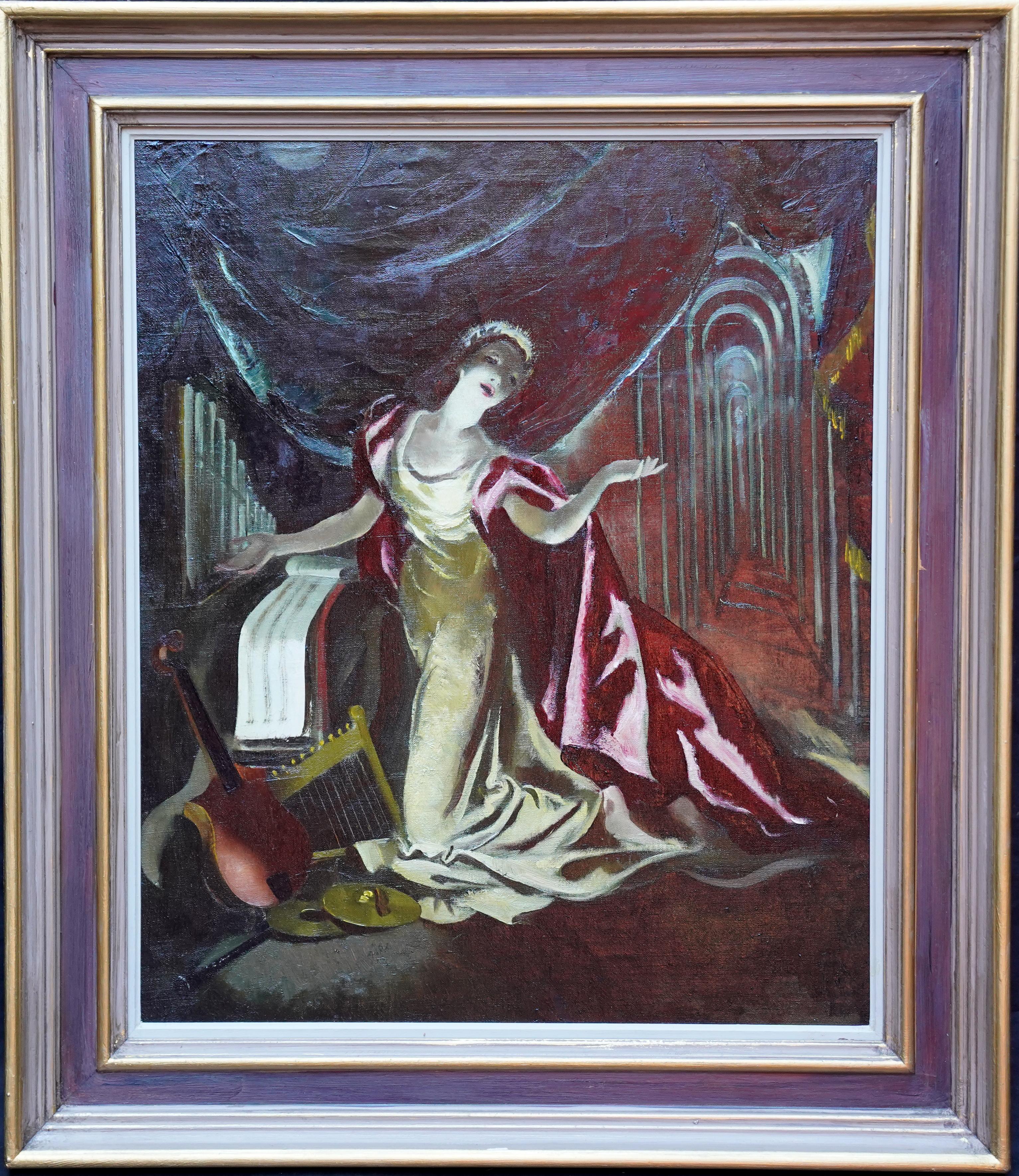 Doris Zinkeisen Portrait Painting – Porträt auf Bühne – Red Cape – schottisches Theaterporträt, Ölgemälde der 60er Jahre