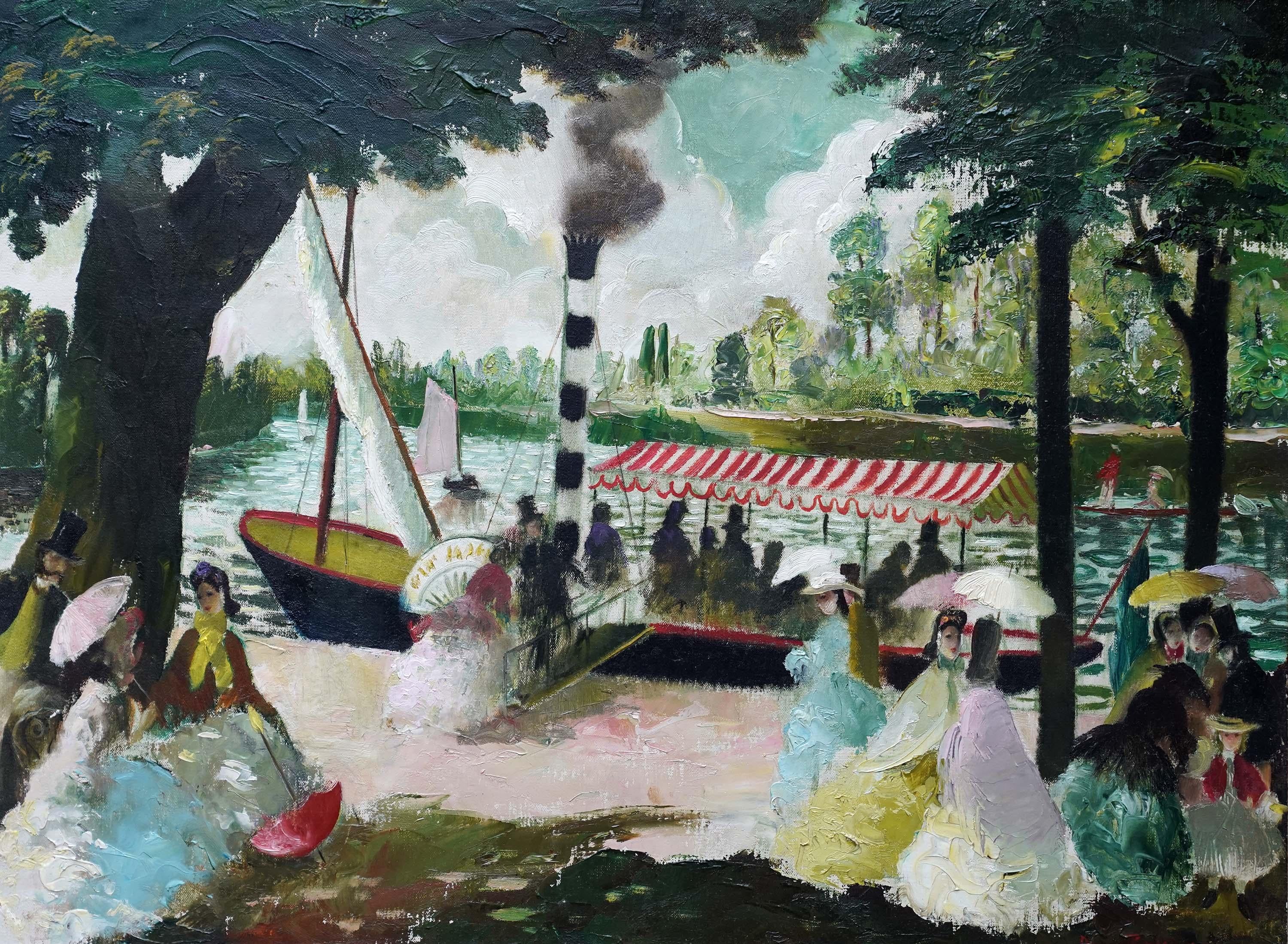 The Steamboat - British Post Impressionist art oil painting female artist - Painting by Doris Zinkeisen