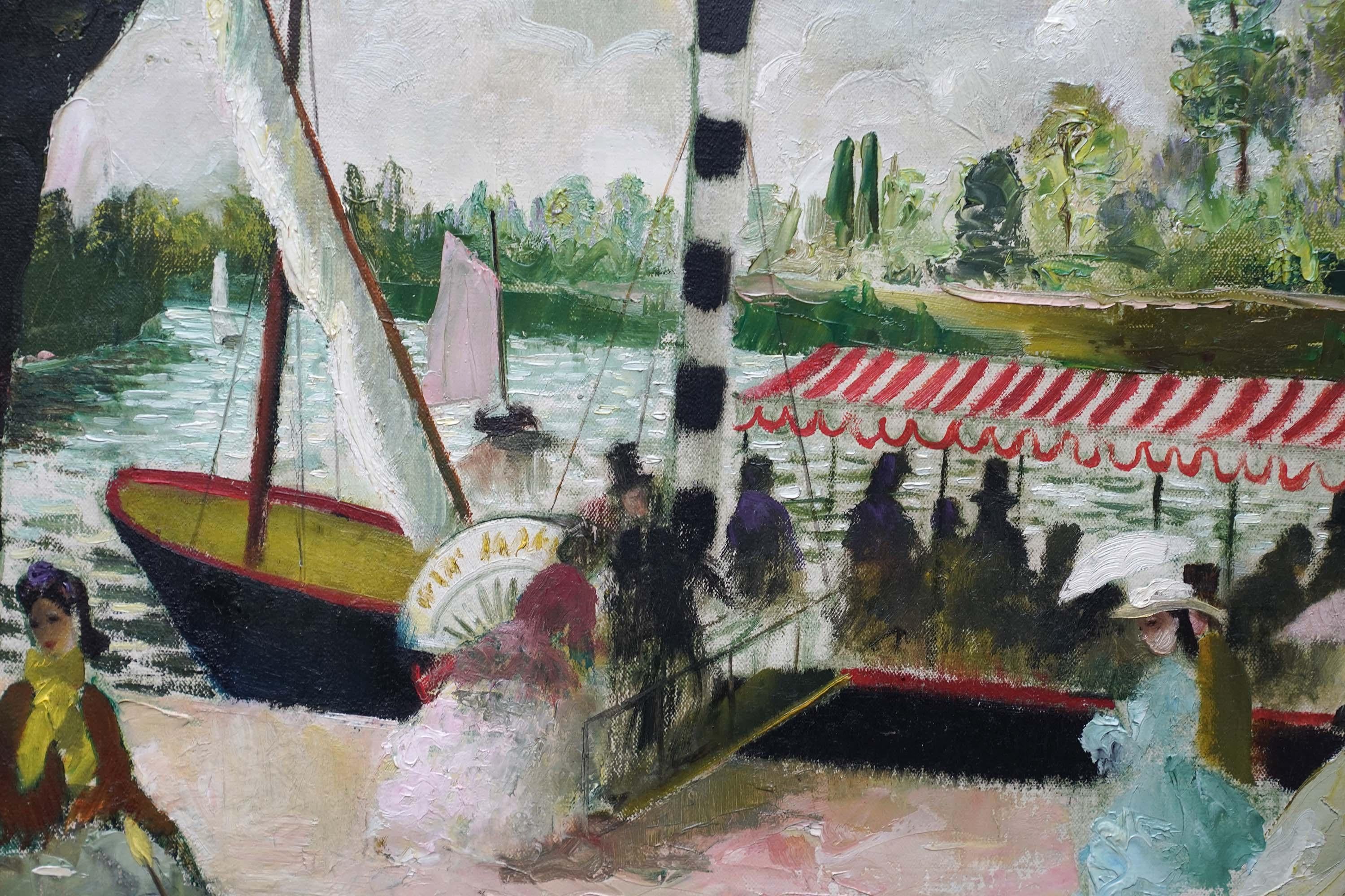 The Steamboat - British Post Impressionist art oil painting female artist - Gray Figurative Painting by Doris Zinkeisen