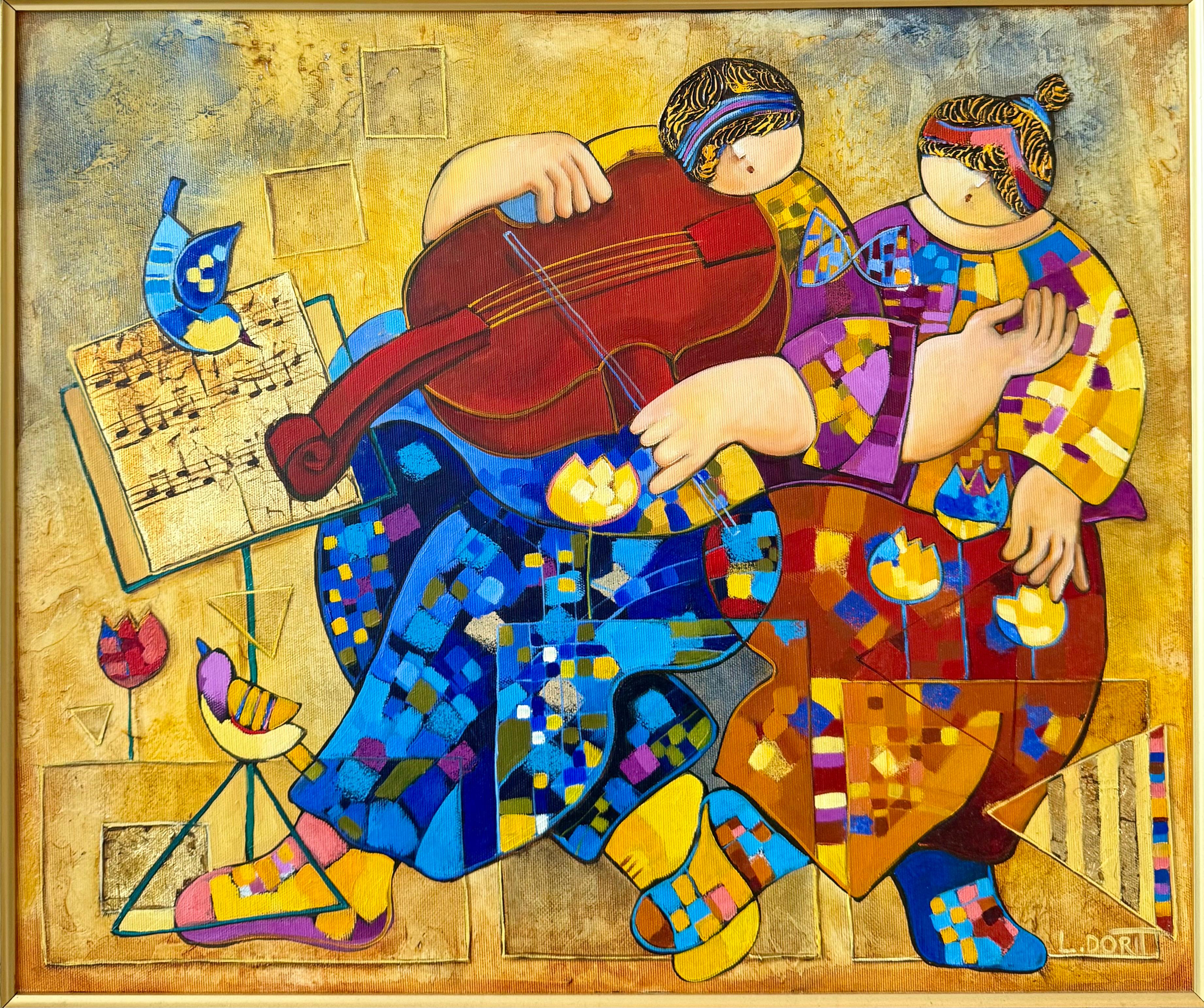 Grandes notas musicales de colores Pintura al óleo modernista israelí Arte musical Dorit Levi en venta 9
