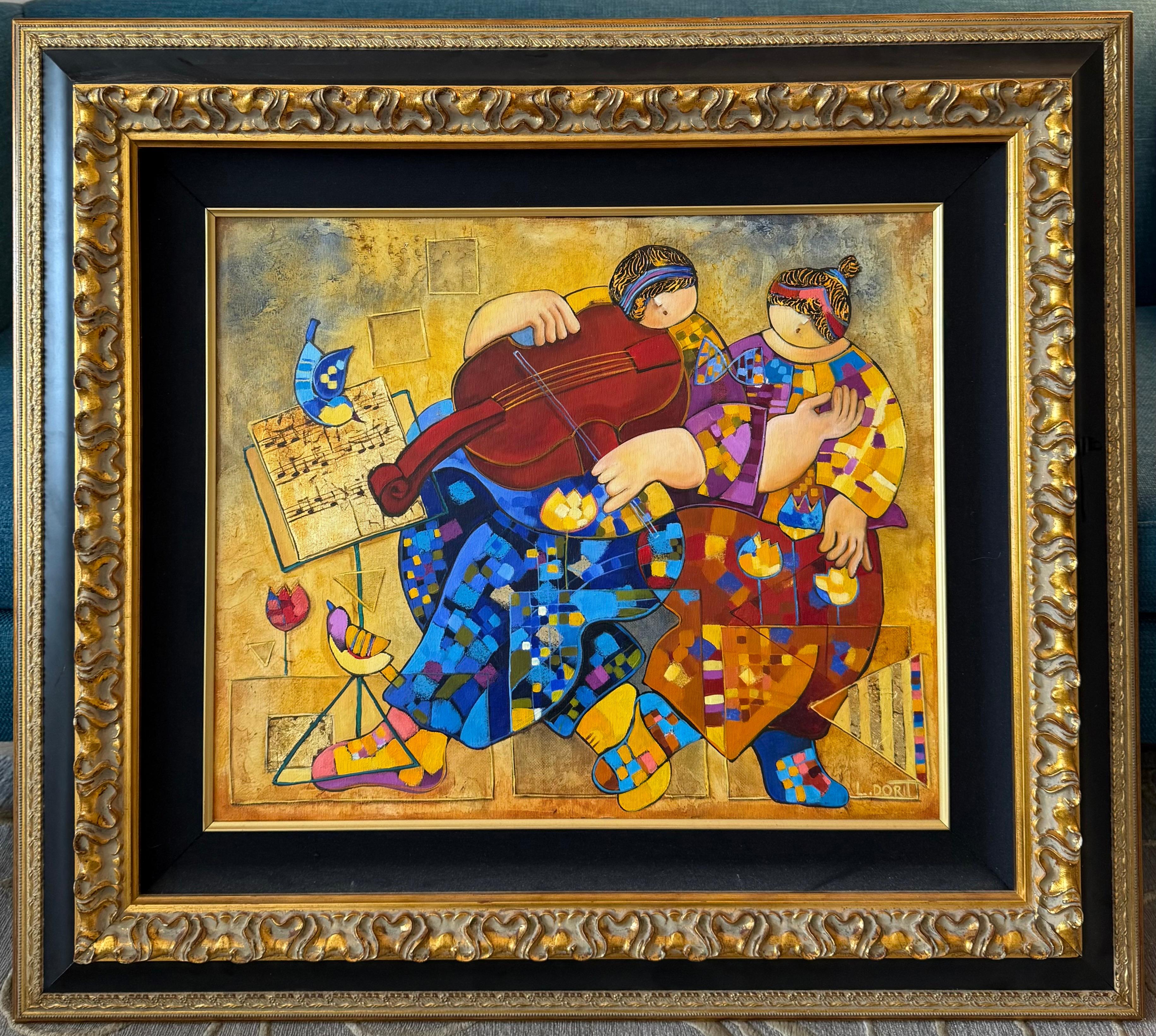 Grandes notas musicales de colores Pintura al óleo modernista israelí Arte musical Dorit Levi en venta 2