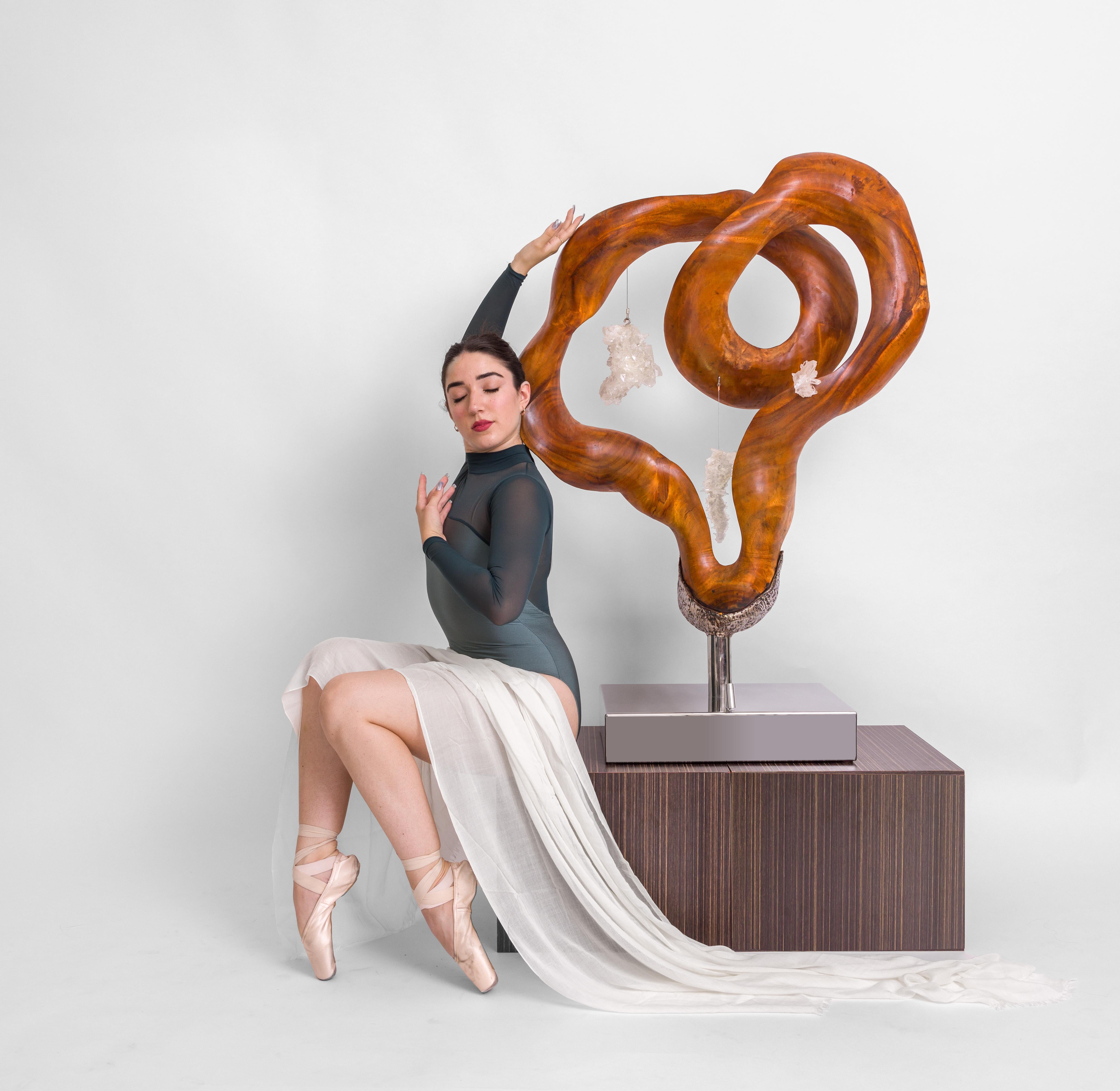 Scultura organica moderna in legno di teak e cristallo di quarzo - Sculpture di Dorit Schwartz