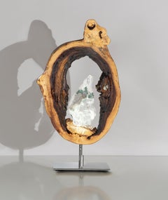 Escultura Orgánica Moderna "Atada a la Luz" Racimo de Selenita y Madera de Acacia