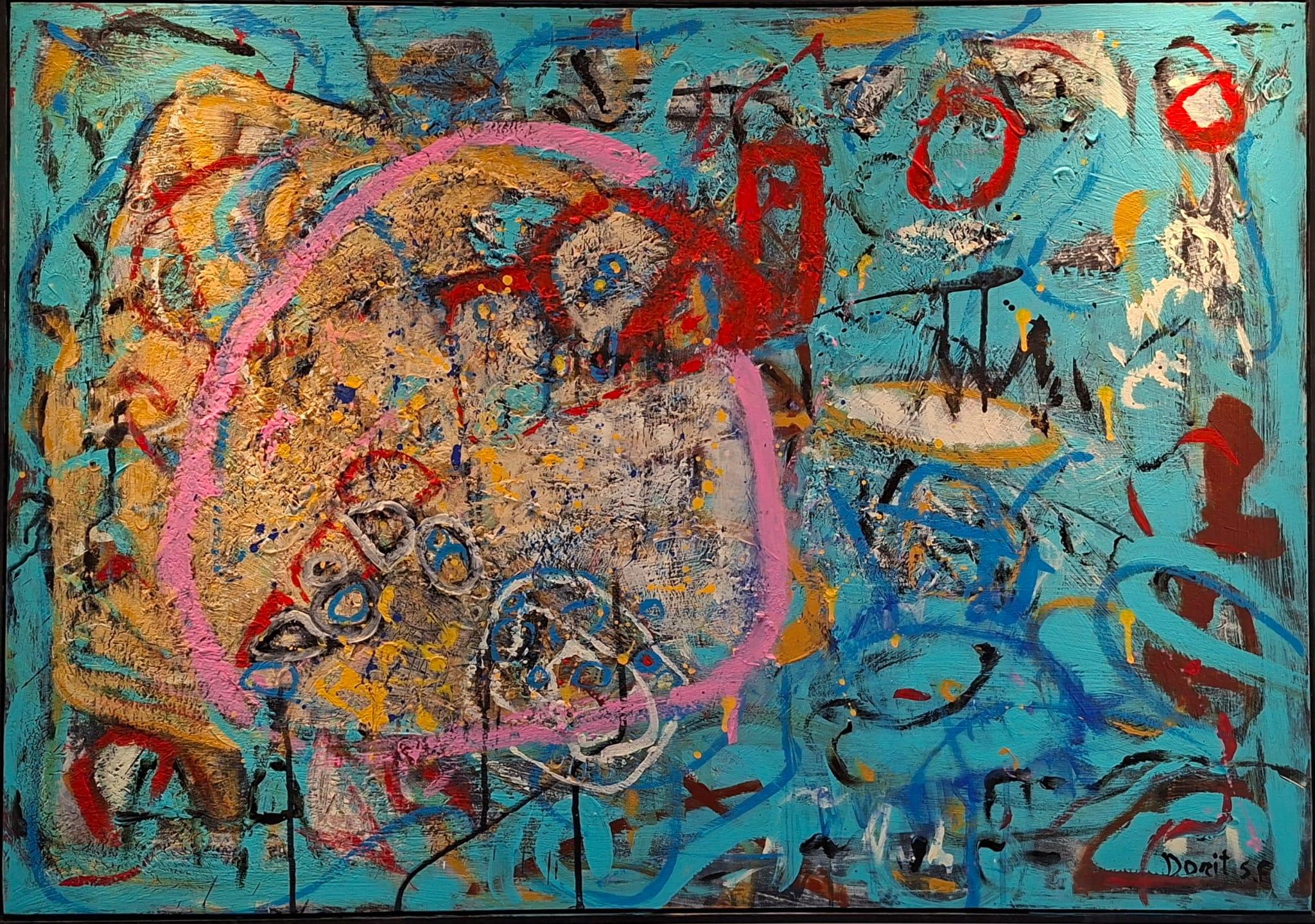Une île rose - peinture abstraite, peinture de paysage