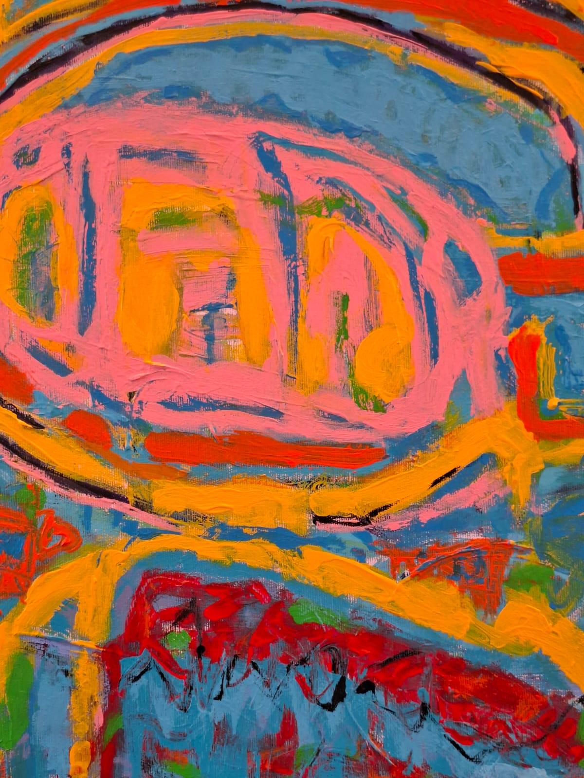 Die Kunstwerke zeichnen sich durch eine starke und lebendige Farbsprache aus.
Die gelb-orangefarbenen Töne der zentralen Figur vor einem blau-türkisen Hintergrund vermitteln ein Gefühl von verträumter Fantasie und wecken Neugier und Sehnsucht nach