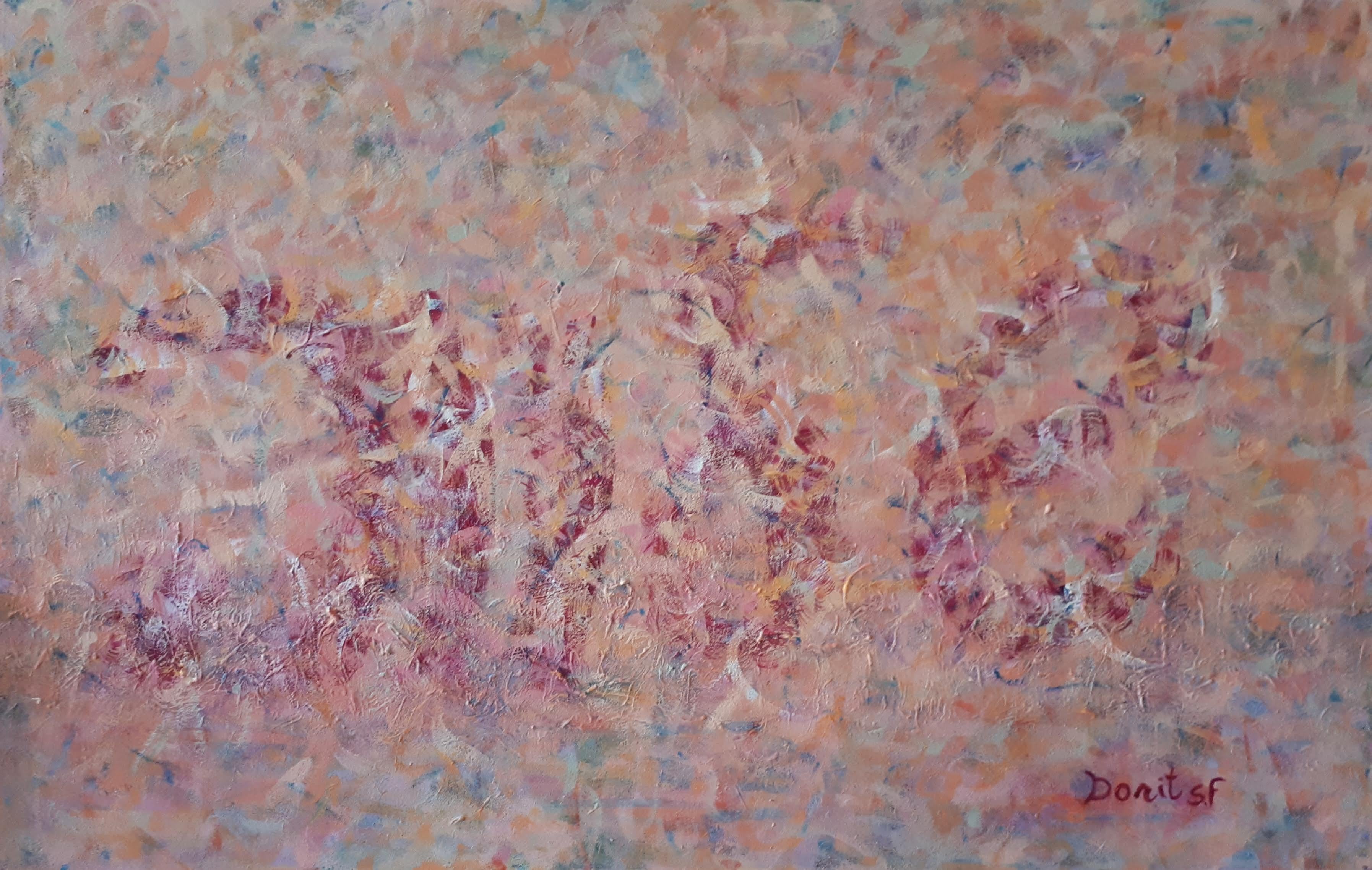 An abstract painting in warm hues, evoking an atmosphere of gentle calm and enveloping warmth.
The colors radiate quiet optimism, femininity, and softness.
At the heart of the painting, the word shalva (serenity) is subtly hidden - the beating soul