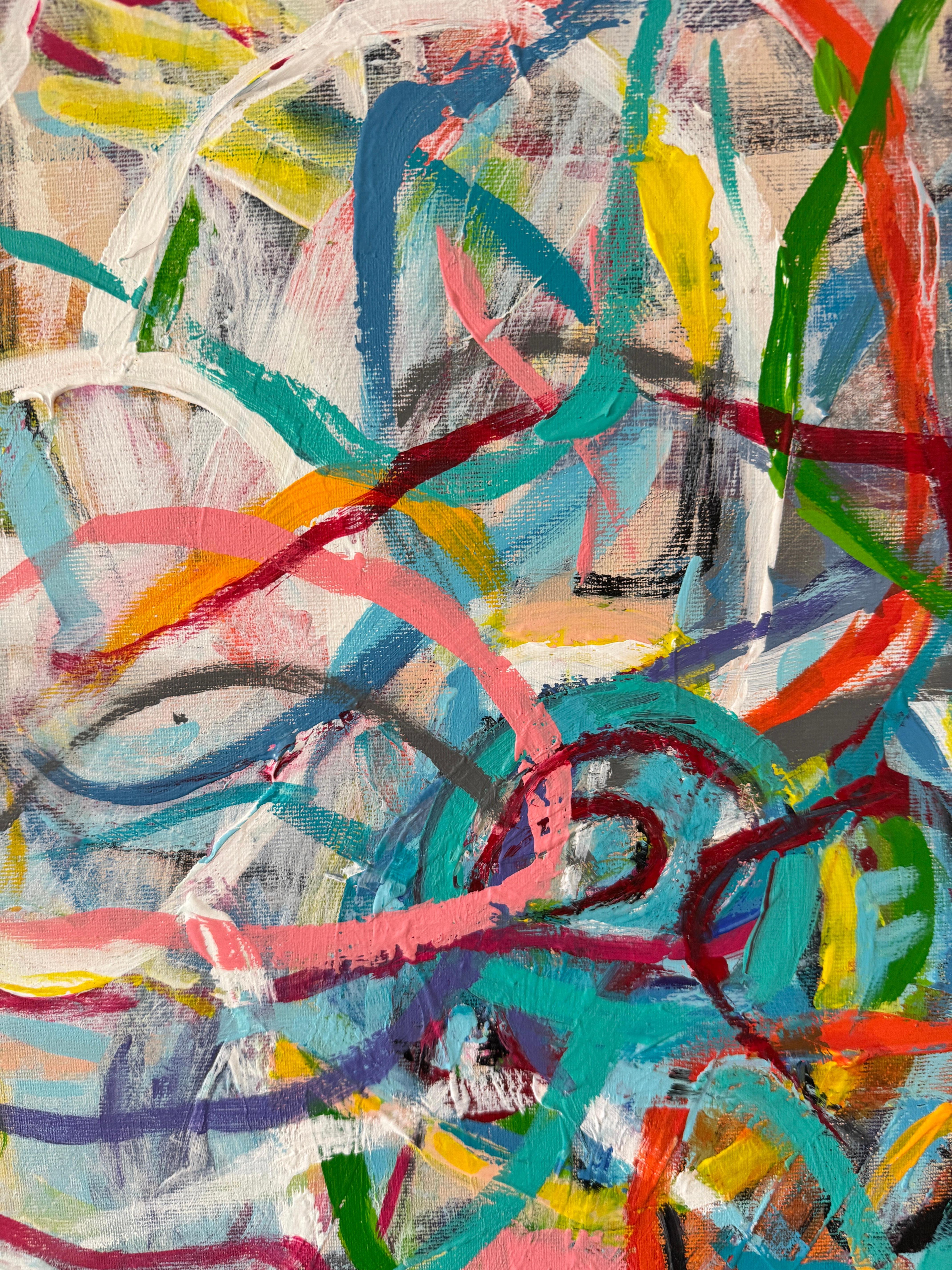 Tangle
Dimensions: 100 × 120 cm
Technique: Acrylic on canvas, 2024

“When life feels like a deep tangle, the answer is always just a single step away.”

An abstract and dynamic artwork characterized by vivid colors that evoke a sense of freedom and