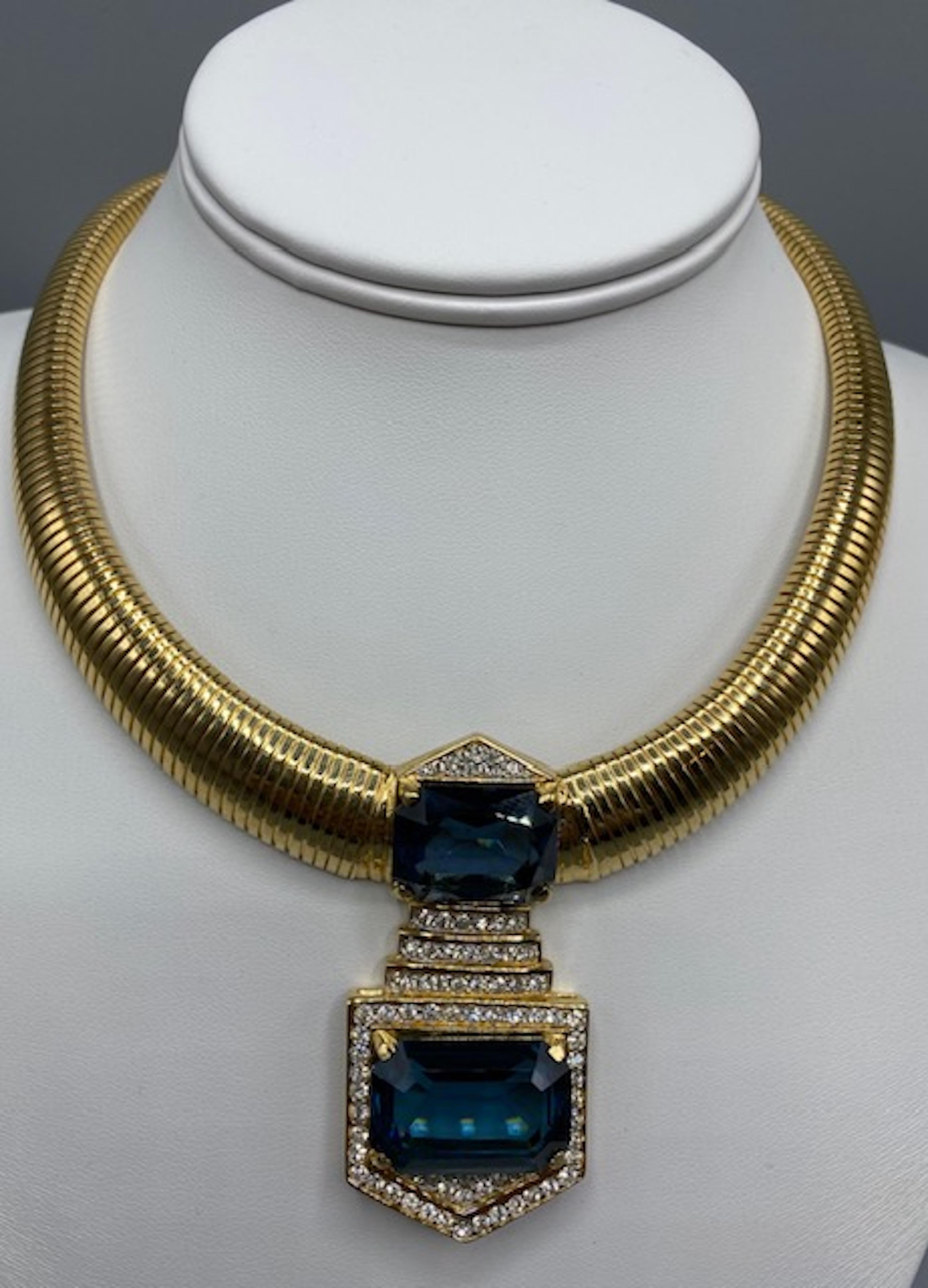 D'Orlan Arte Deco Omega Style Necklace with Pave Rhinstone and Topaz Crystal 4