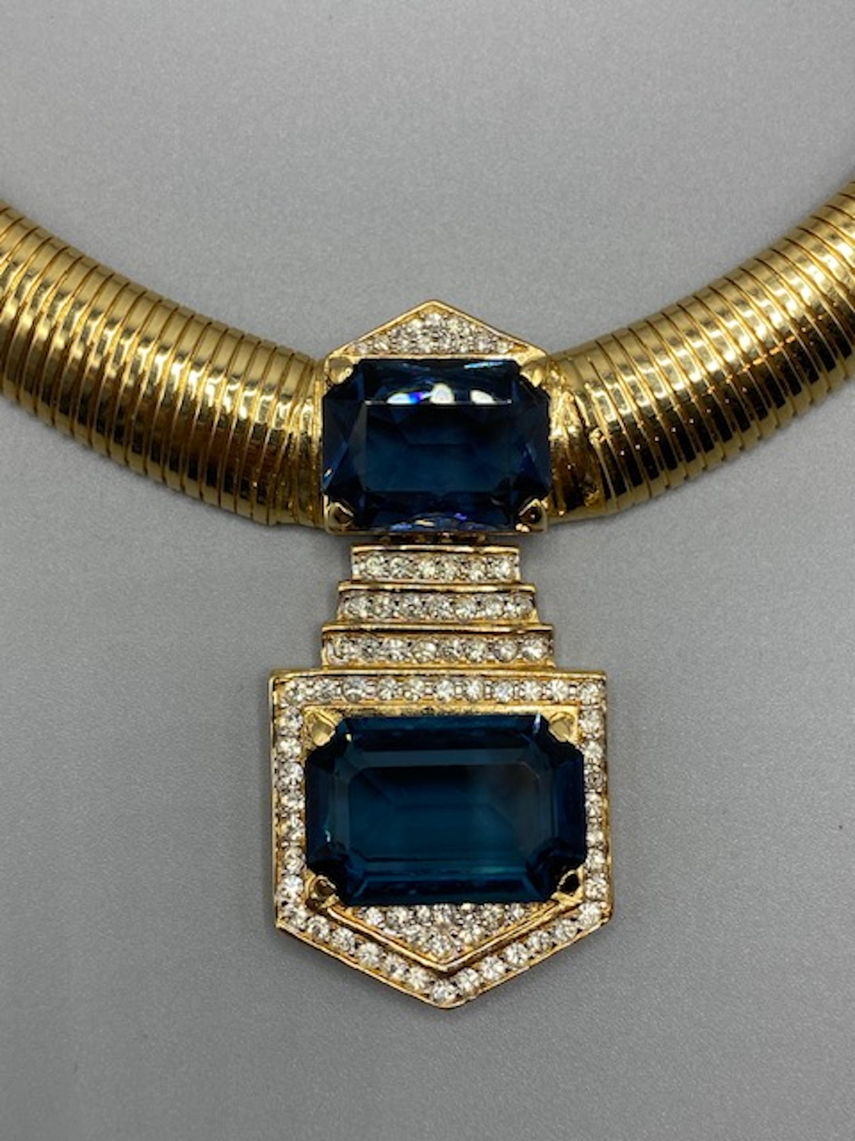 D'Orlan Arte Deco Omega Style Necklace with Pave Rhinstone and Topaz Crystal In Good Condition In New York, NY