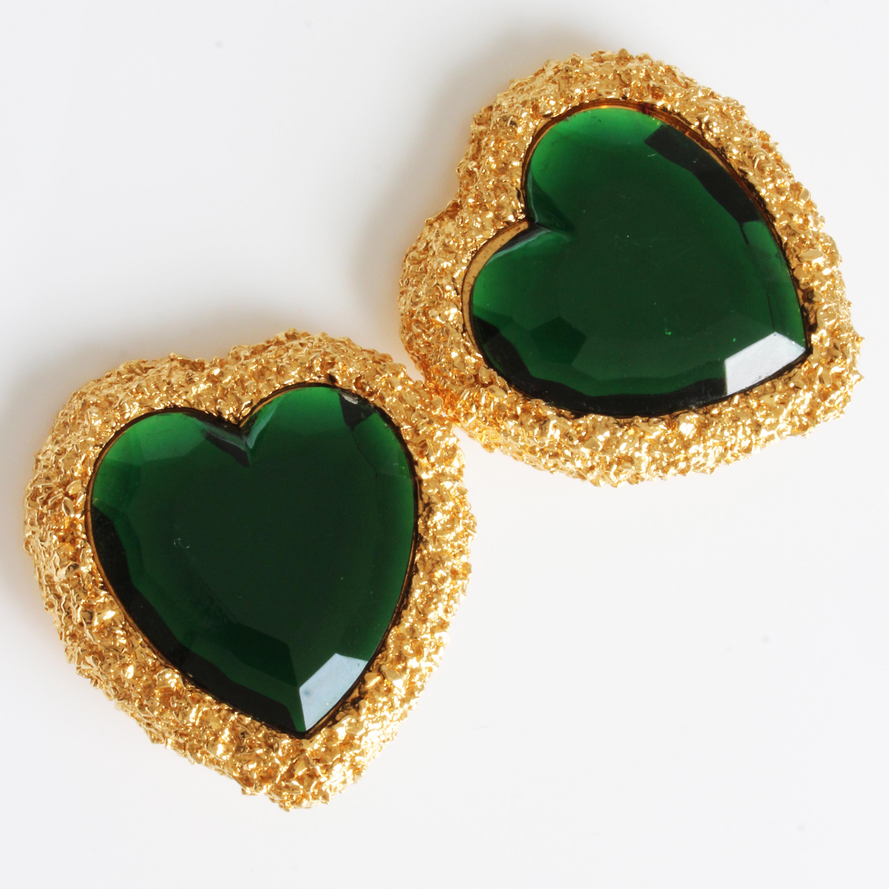 Art Nouveau D'Orlan Earrings Oversized Heart Shape Statement Emerald Green and Gold 1980s  For Sale