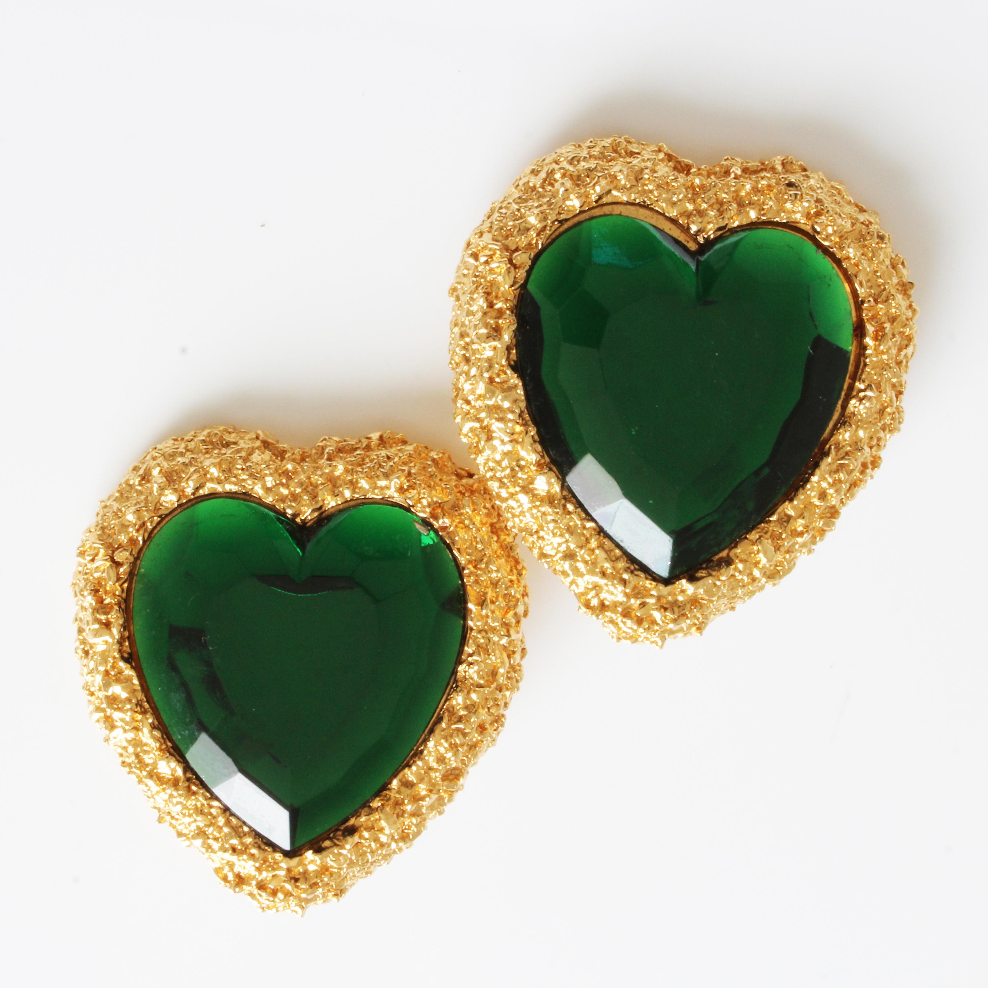 D'Orlan Earrings Oversized Heart Shape Statement Emerald Green and Gold 1980s For Sale 2