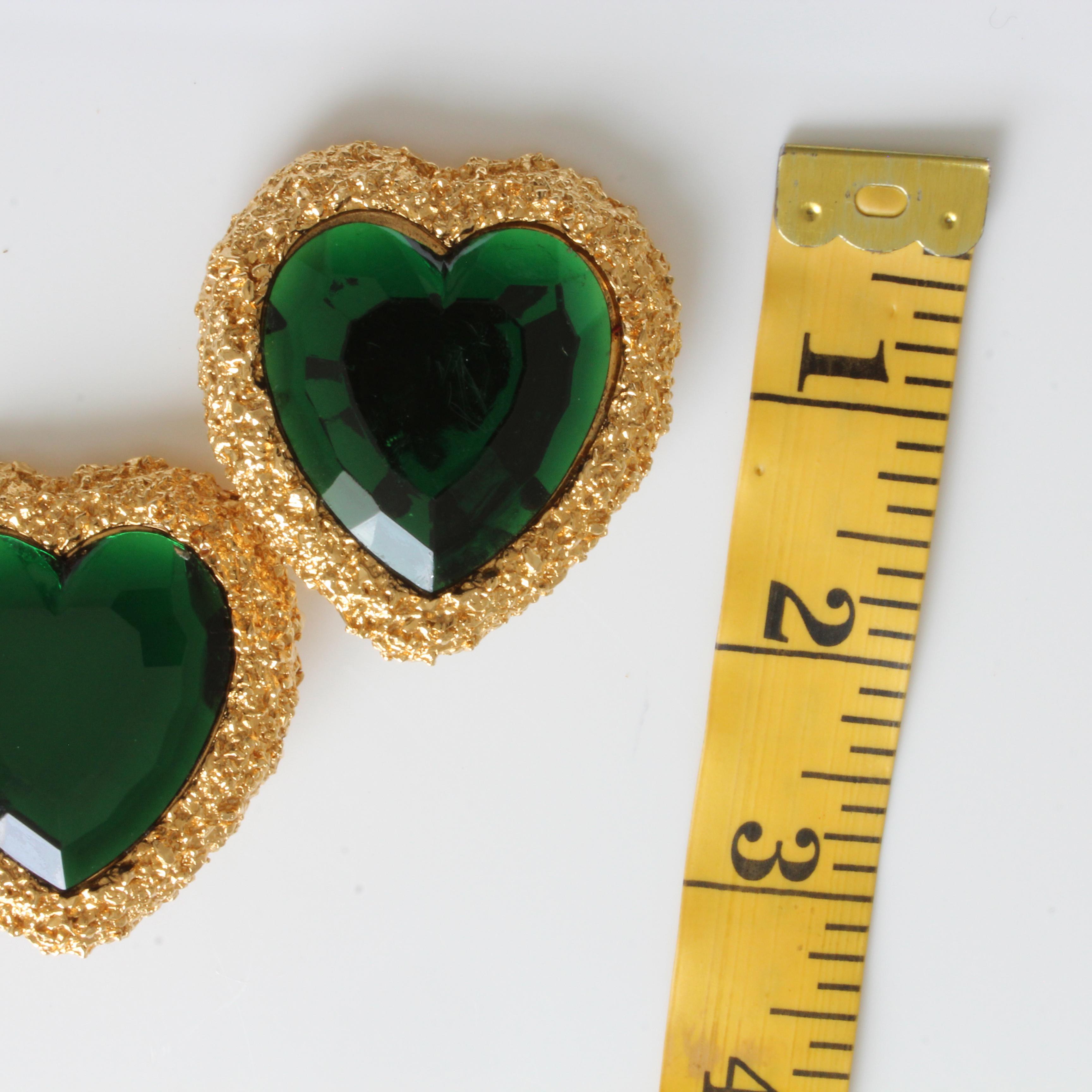 D'Orlan Earrings Oversized Heart Shape Statement Emerald Green and Gold 1980s For Sale 3