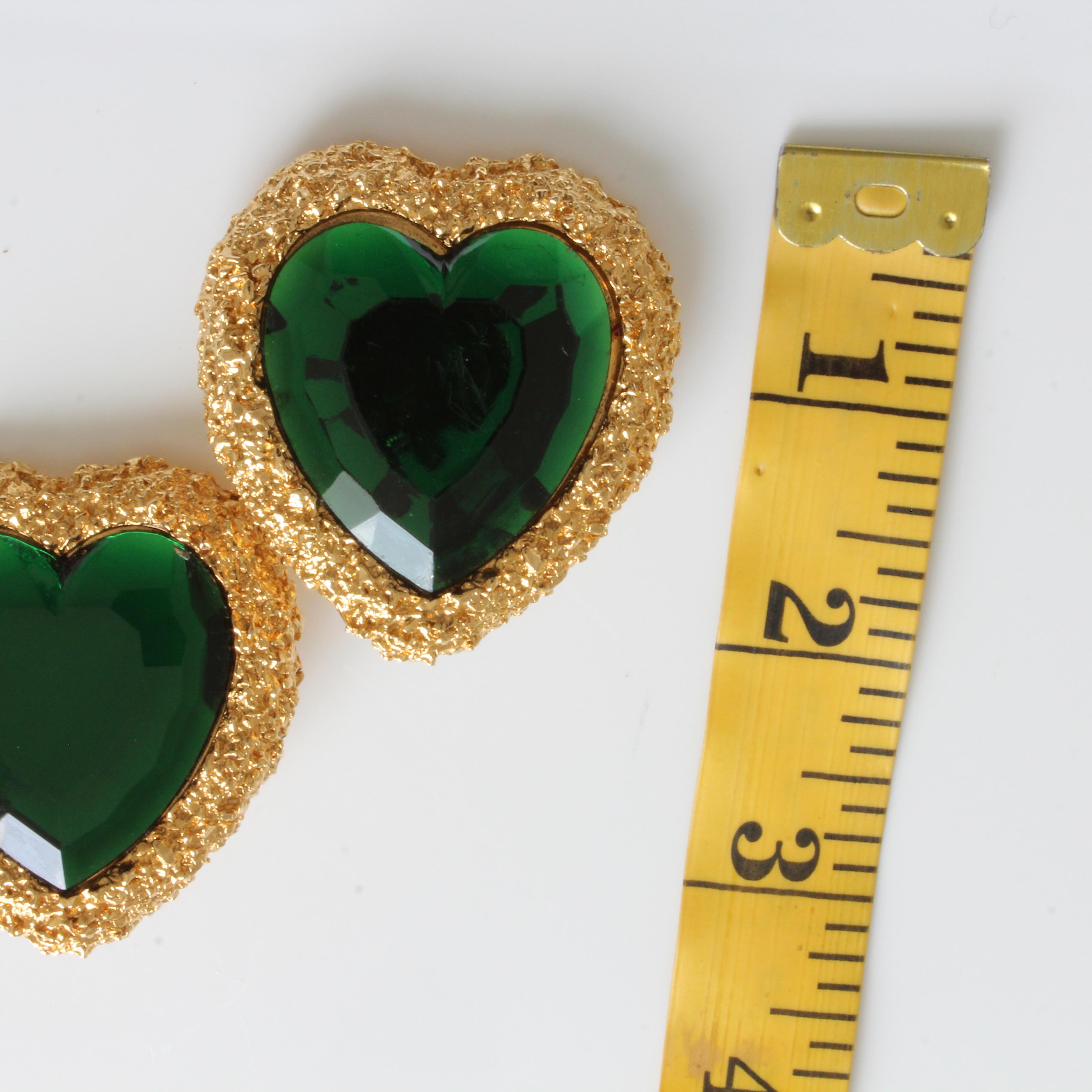 Women's or Men's D'Orlan Earrings Oversized Heart Shape Statement Emerald Green and Gold 1980s  For Sale