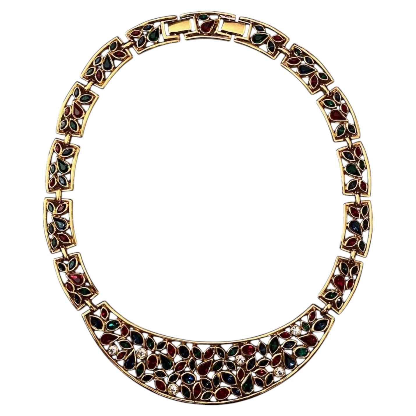 D'Orlan Gold with Red, Blue, Green & Crystal Rhinestone Bib Necklace