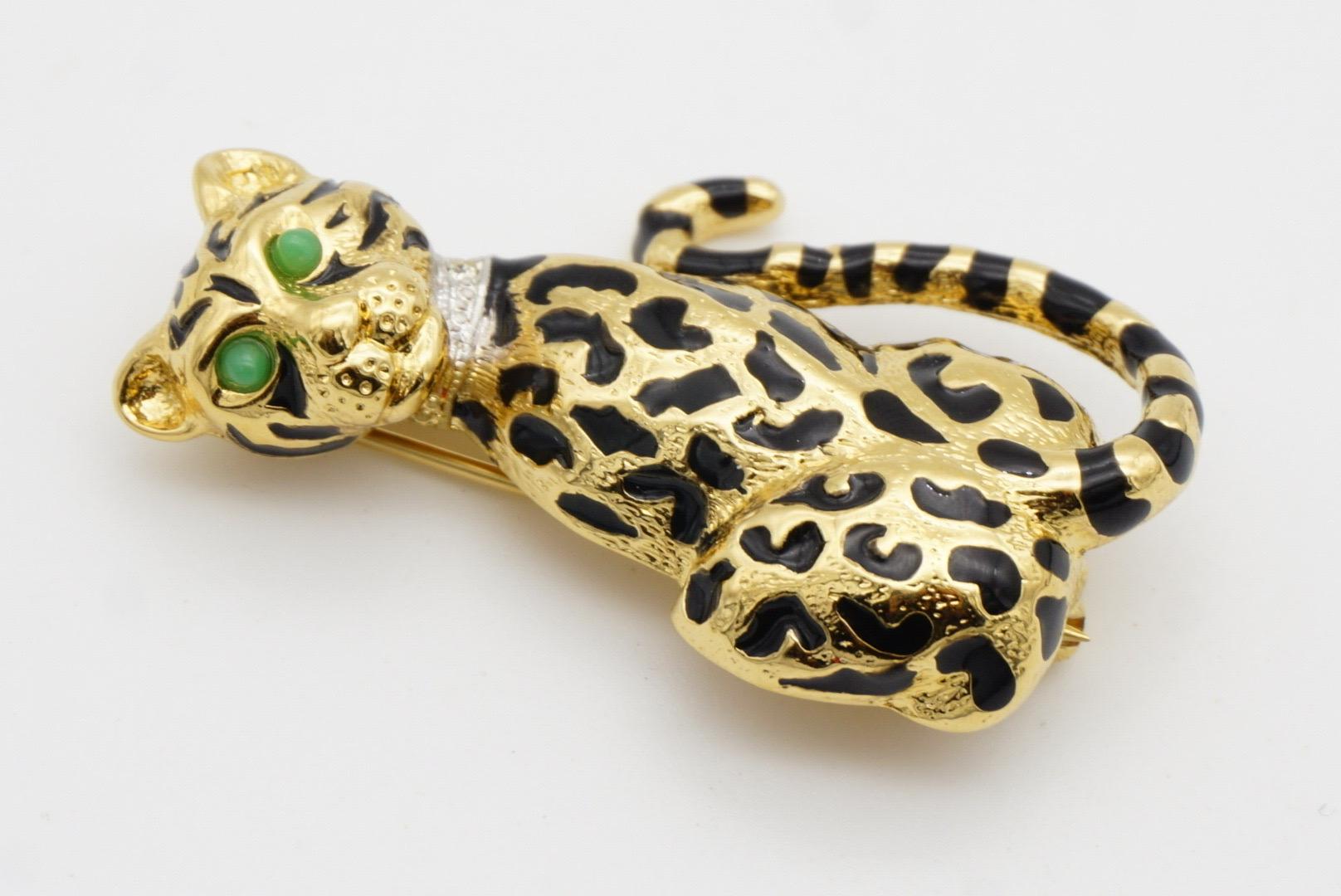 D'Orlan Vintage 1980 Vivid Black Enamel Leopard Green Eyes Crystals Neck Brooch For Sale 5