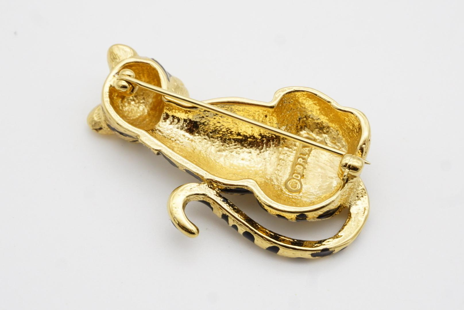 D'Orlan Vintage 1980 Vivid Black Enamel Leopard Green Eyes Crystals Neck Brooch For Sale 5