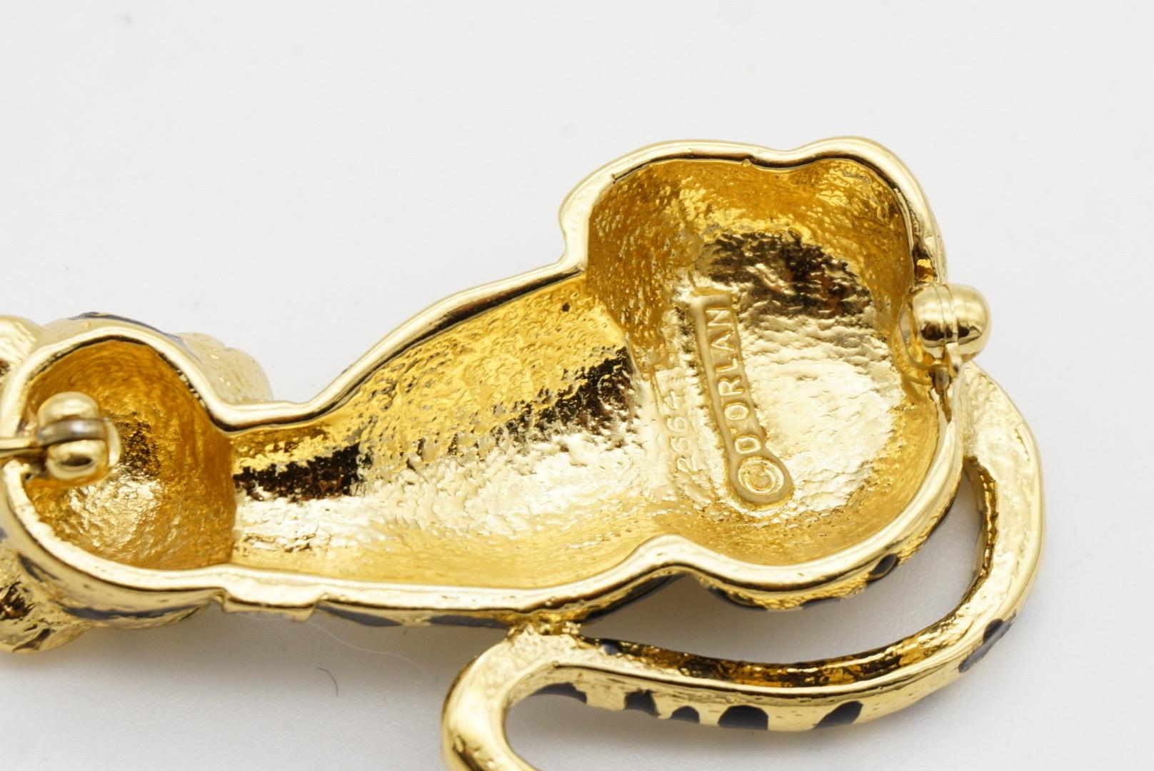 D'Orlan Vintage 1980 Vivid Black Enamel Leopard Green Eyes Crystals Neck Brooch For Sale 8