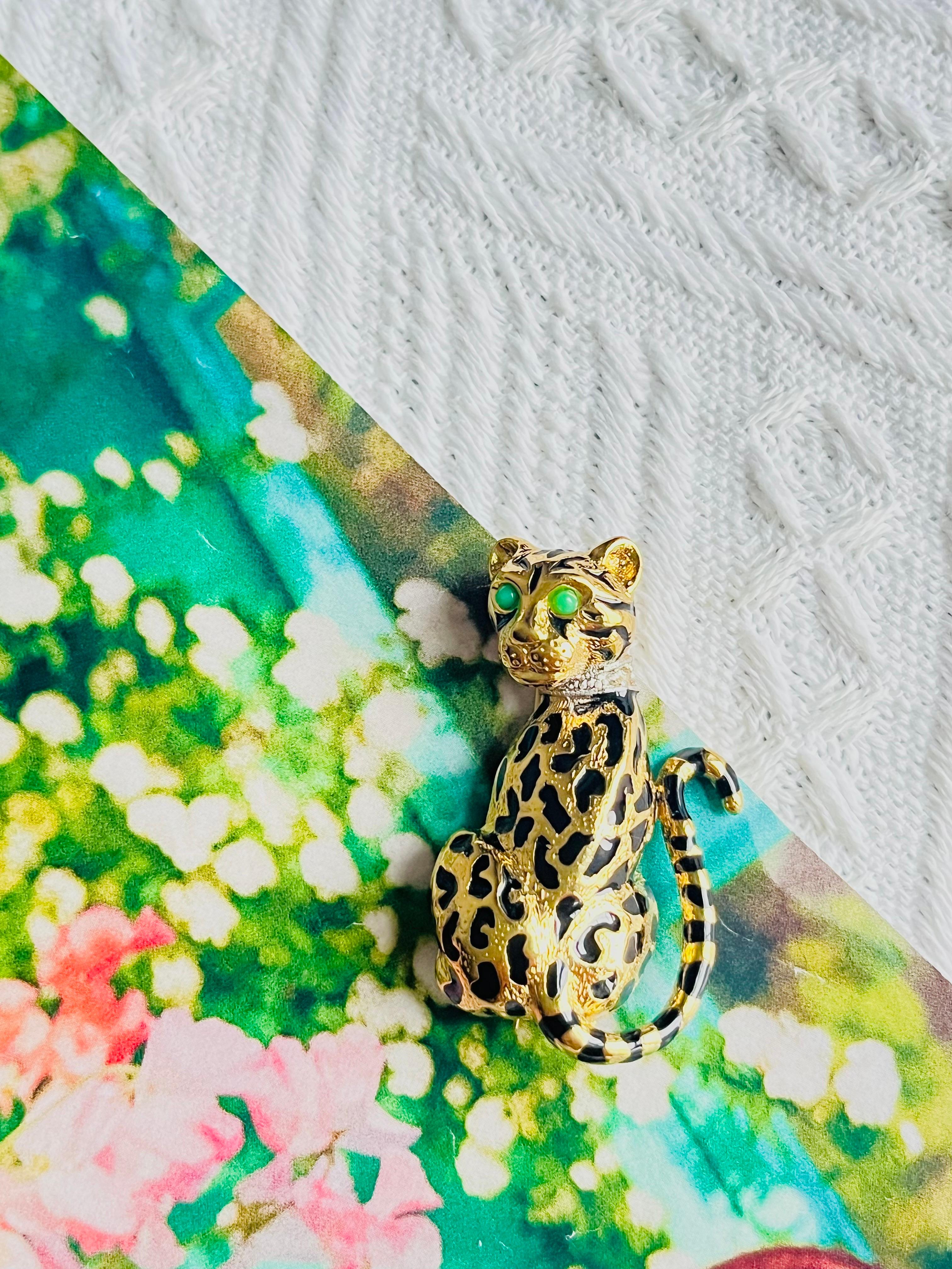 Art Deco D'Orlan Vintage 1980 Vivid Black Enamel Leopard Green Eyes Crystals Neck Brooch For Sale