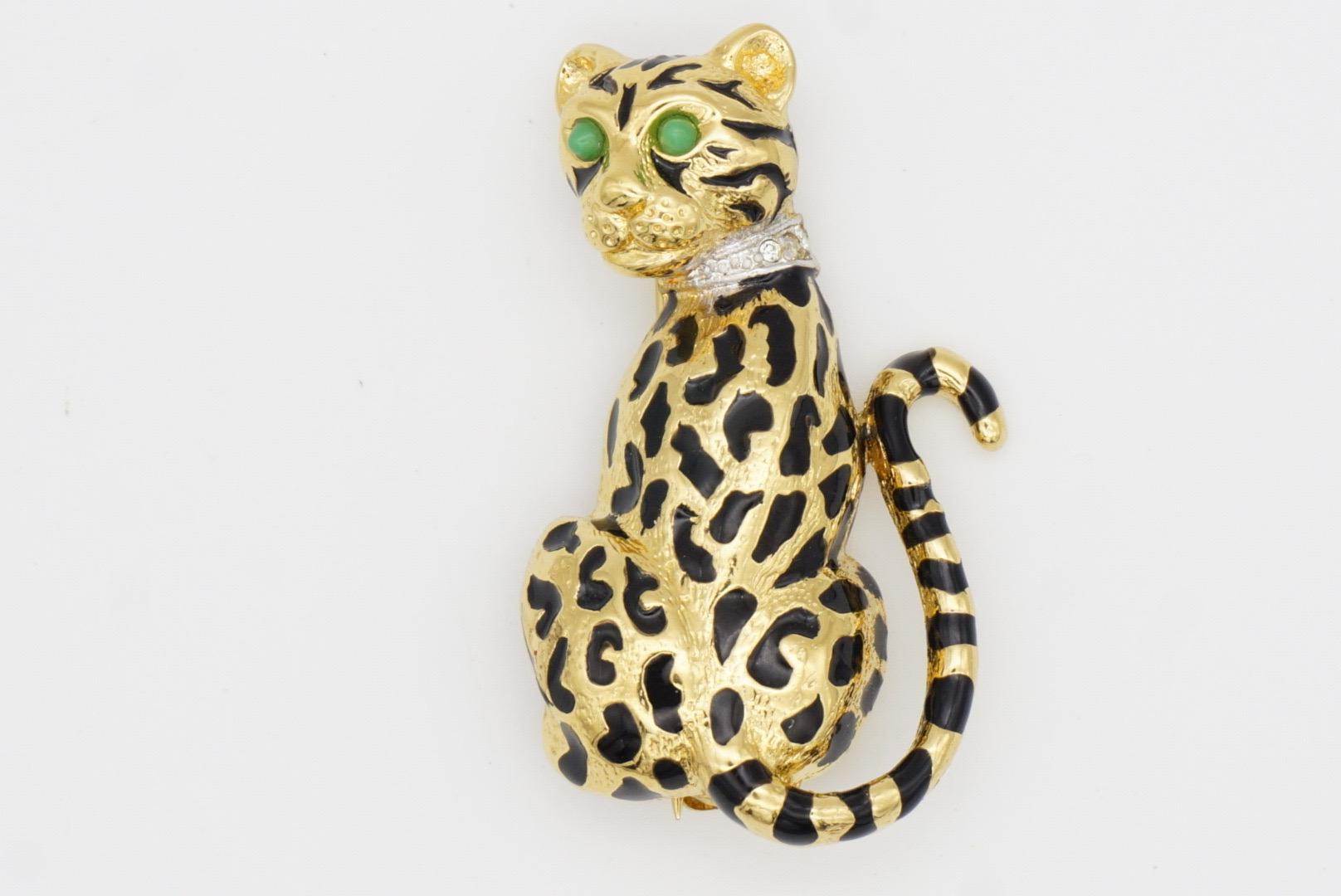 D'Orlan Vintage 1980 Vivid Black Enamel Leopard Green Eyes Crystals Neck Brooch For Sale 2